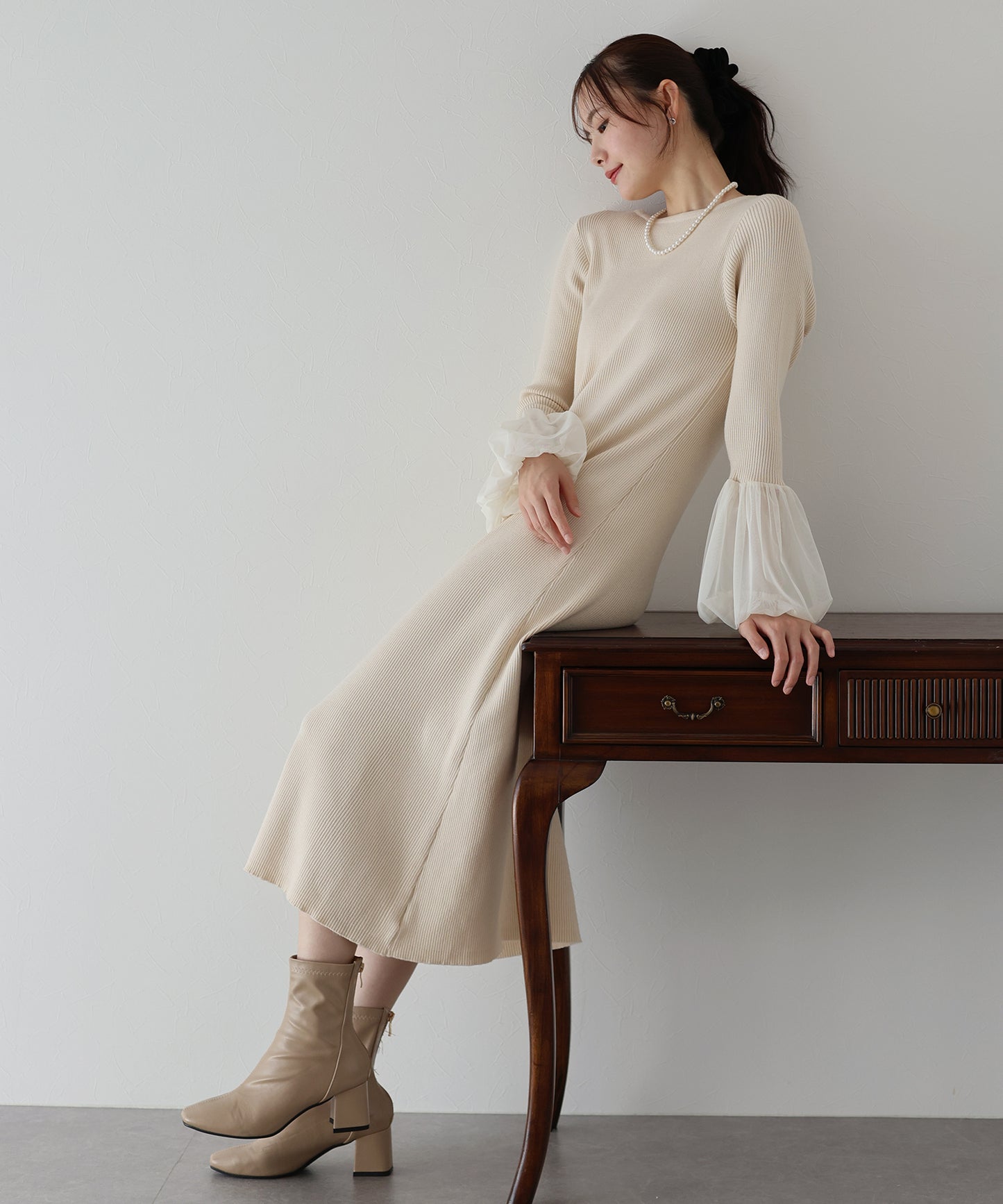 【SALE】チュールカフスニットワンピース
