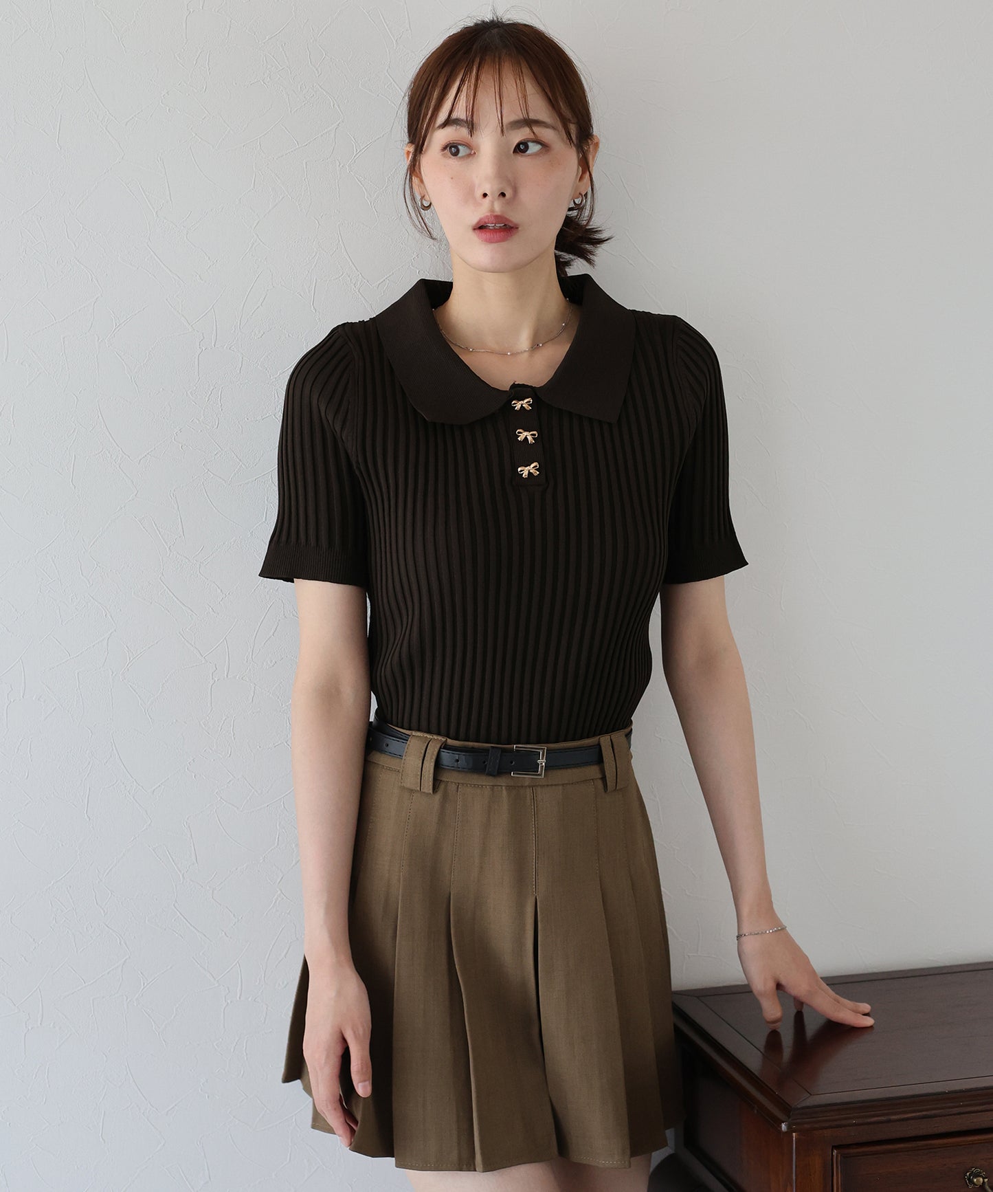 【TIME SALE】リボンボタンポロ衿ニット