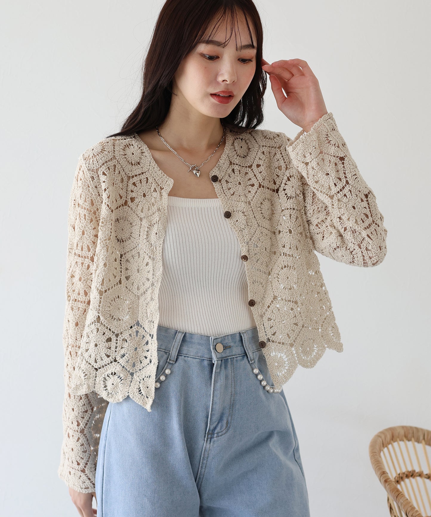 【SALE】透かし編み風モチーフレースカーディガン