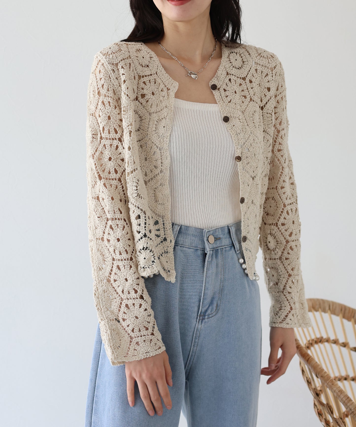 【SALE】透かし編み風モチーフレースカーディガン