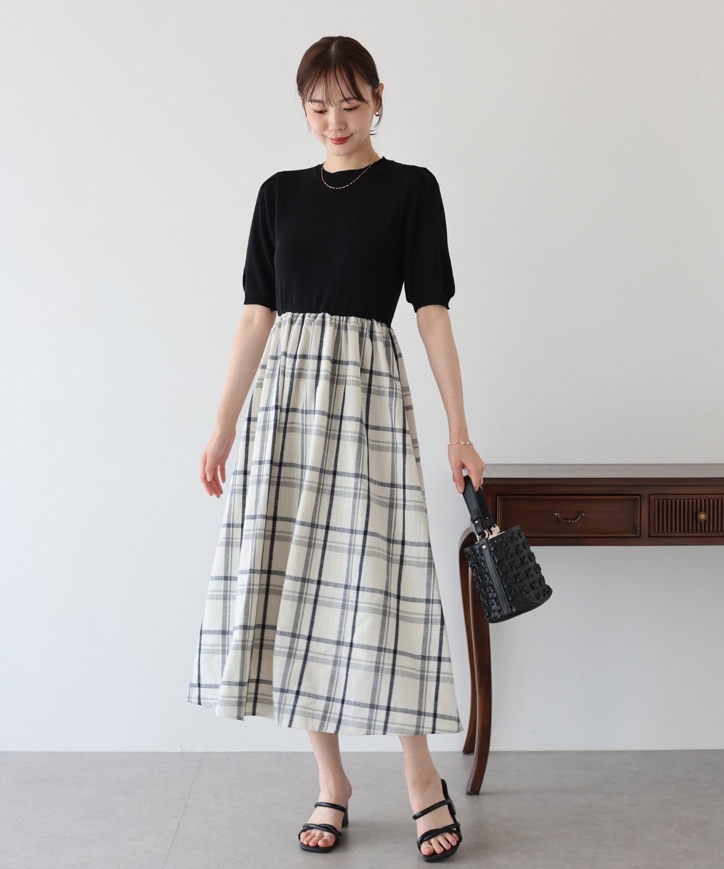 【TIME SALE】チェックドッキングワンピース