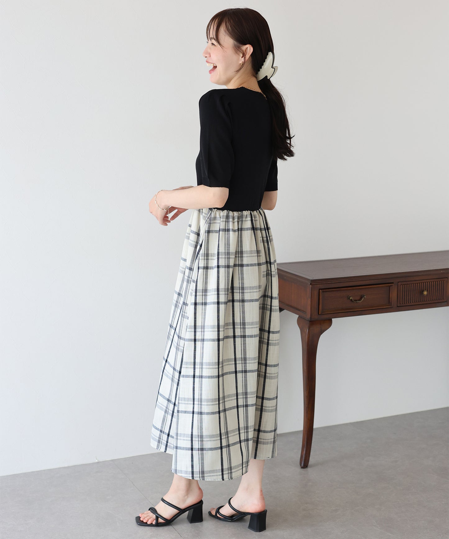 【TIME SALE】チェックドッキングワンピース