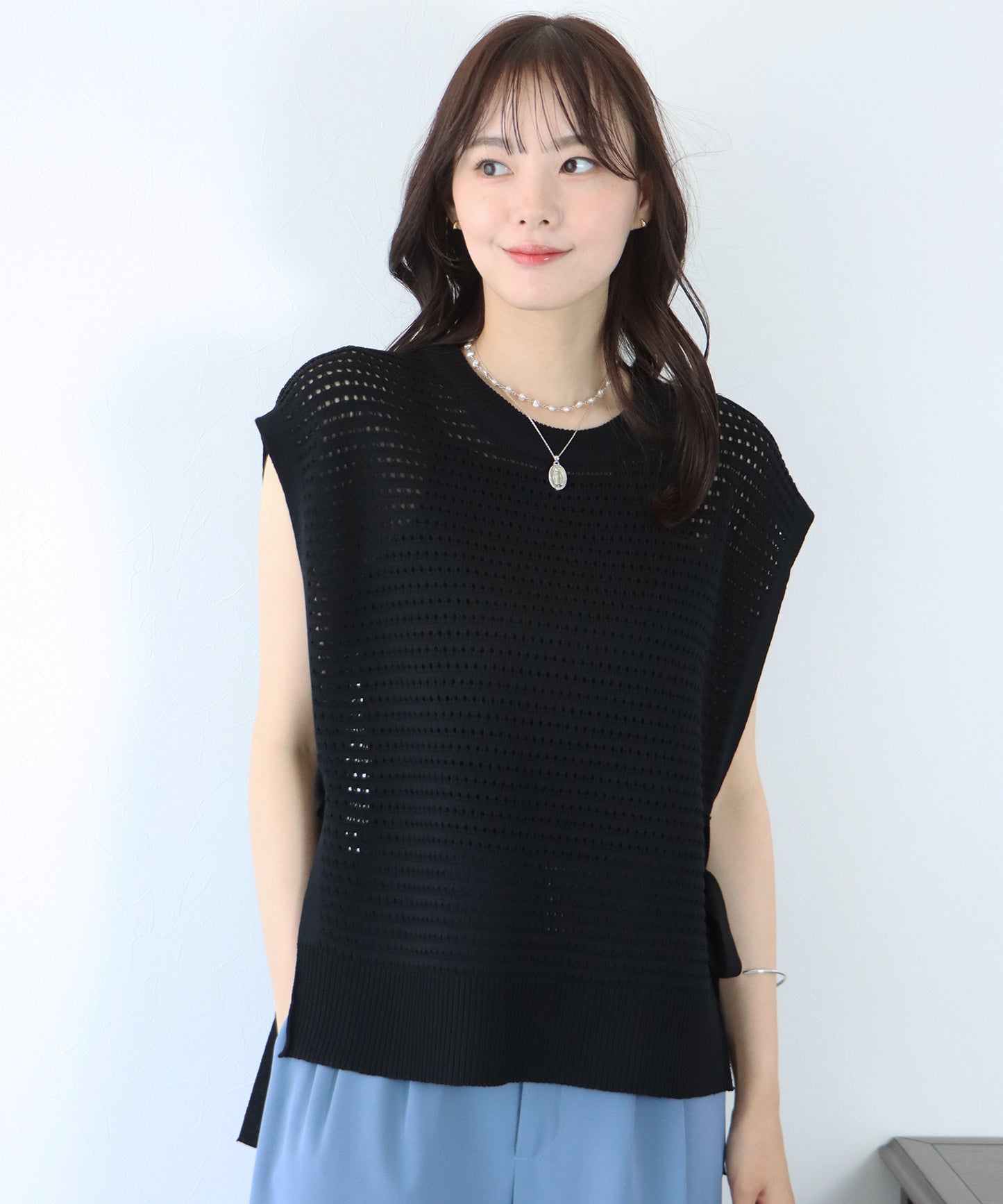 【TIME SALE】サイドリボンメッシュニットベスト