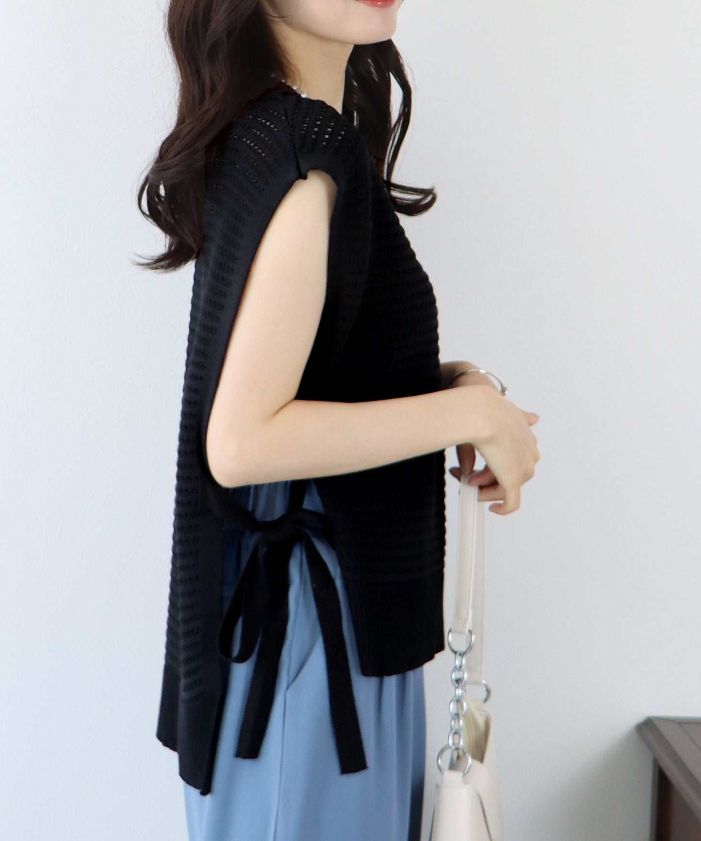 【TIME SALE】サイドリボンメッシュニットベスト
