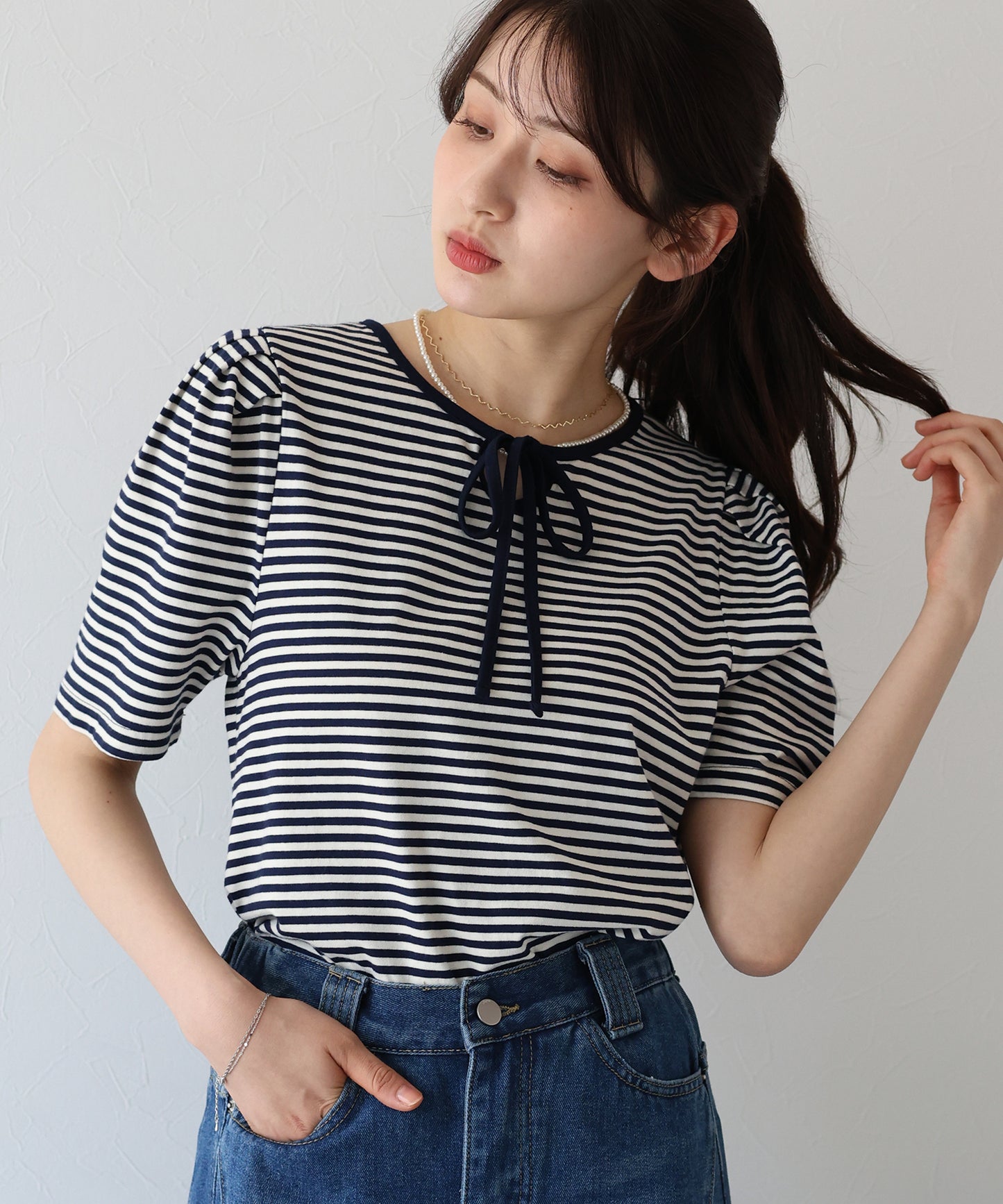 【TIME SALE】パイピングリボンタックTシャツ