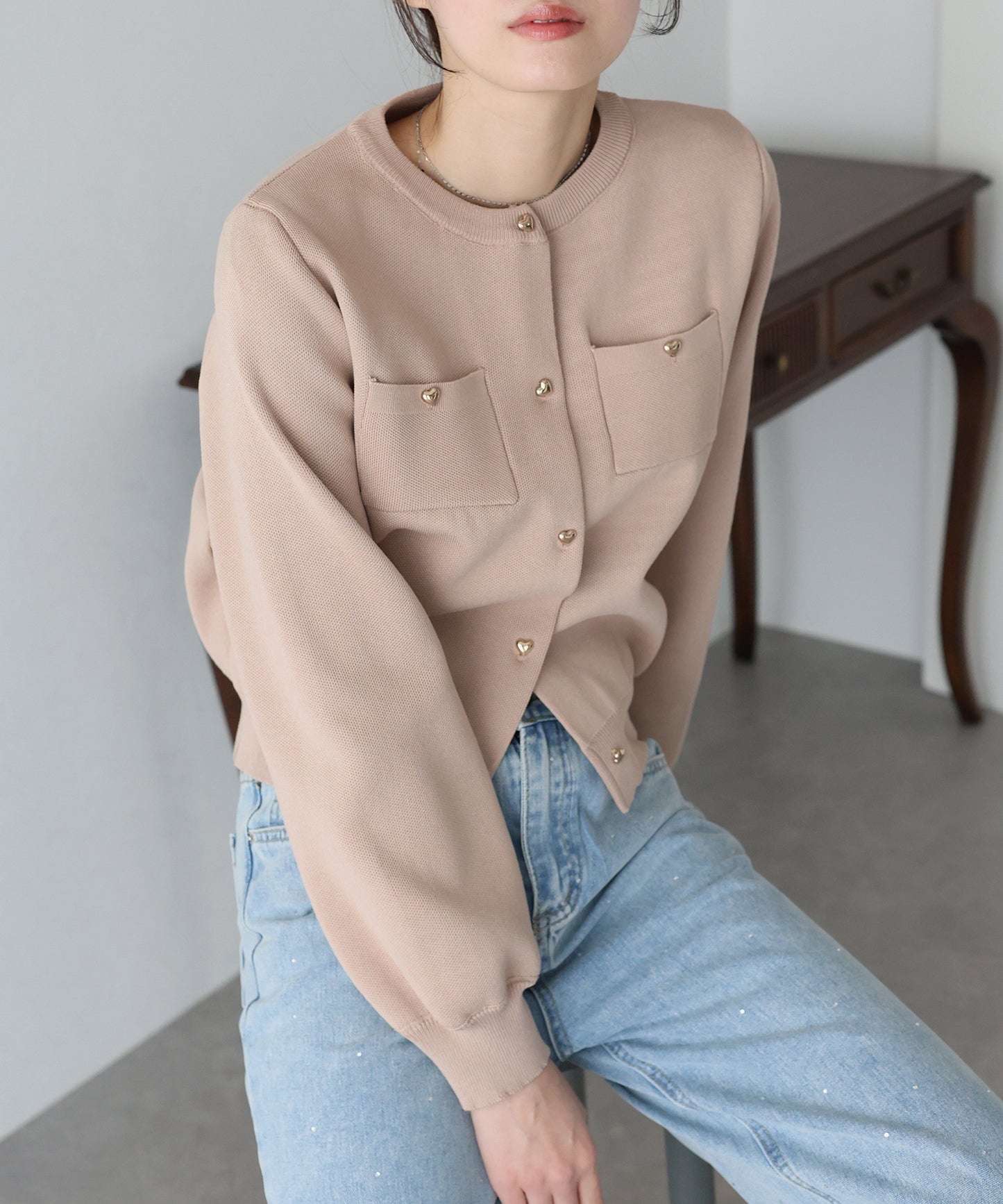 【SALE】ぷっくりハートボタンポリニットカーディガン