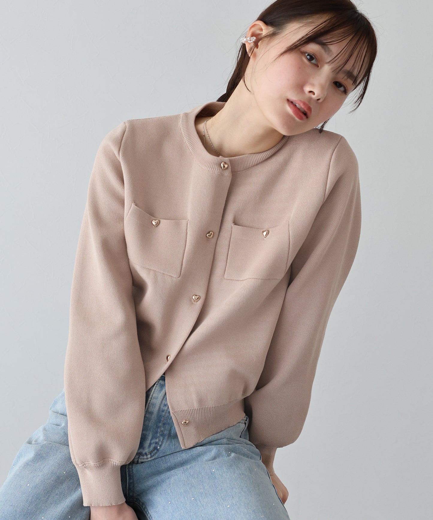 【SALE】ぷっくりハートボタンポリニットカーディガン
