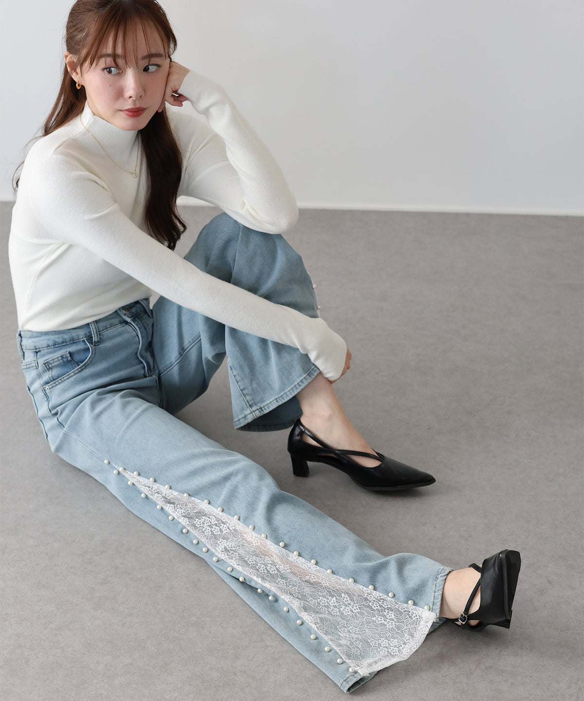 【早割5%OFF】《2サイズ展開》パールレースドッキングデニム