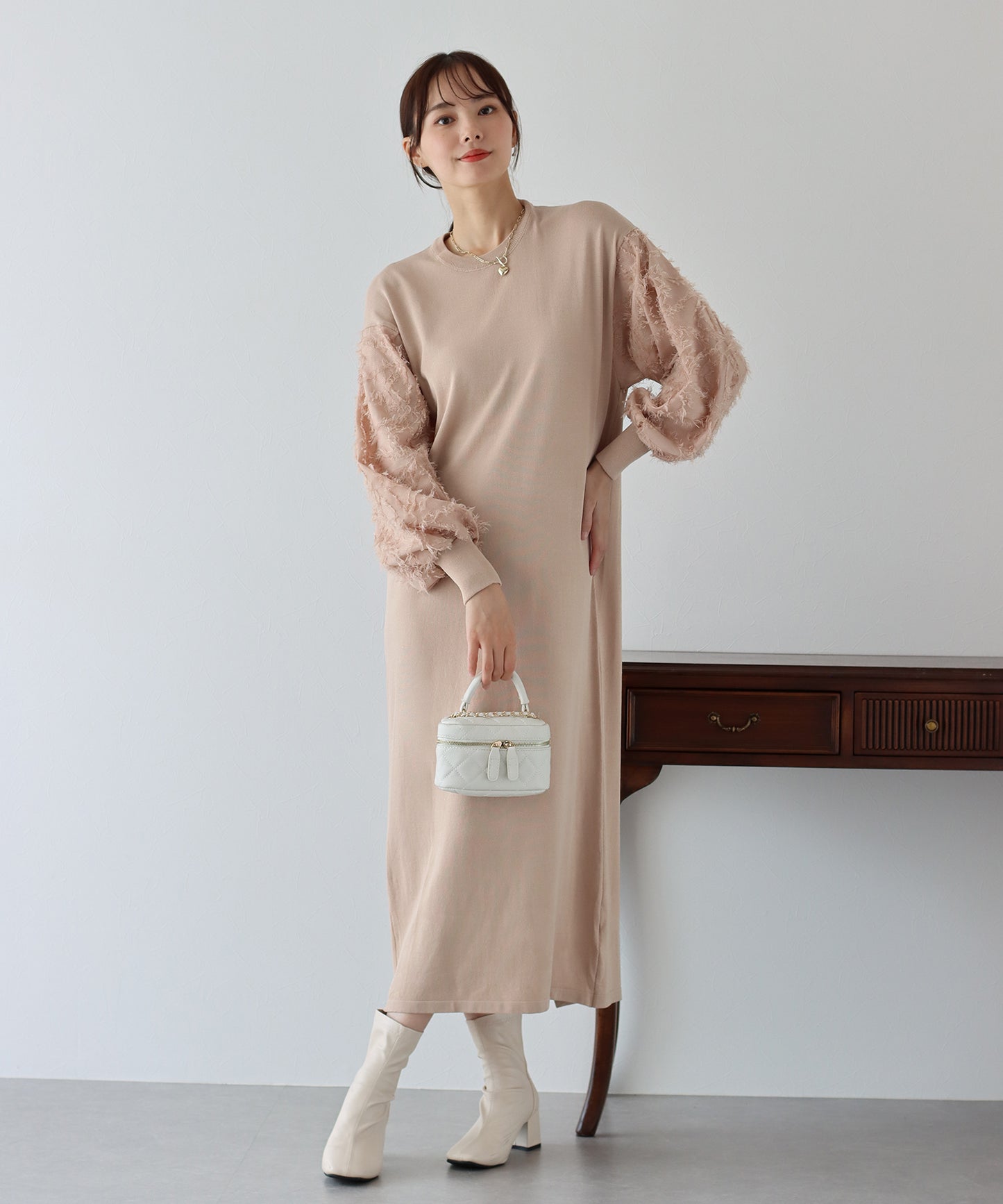 【TIME SALE】カットジャガード袖ニットワンピース