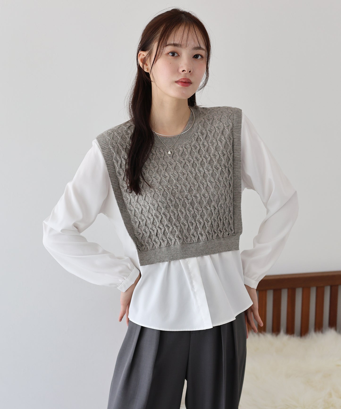 【SALE】ニットベストドッキングブラウス