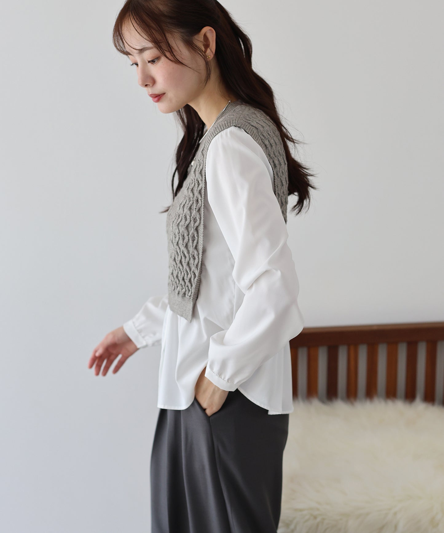 【SALE】ニットベストドッキングブラウス