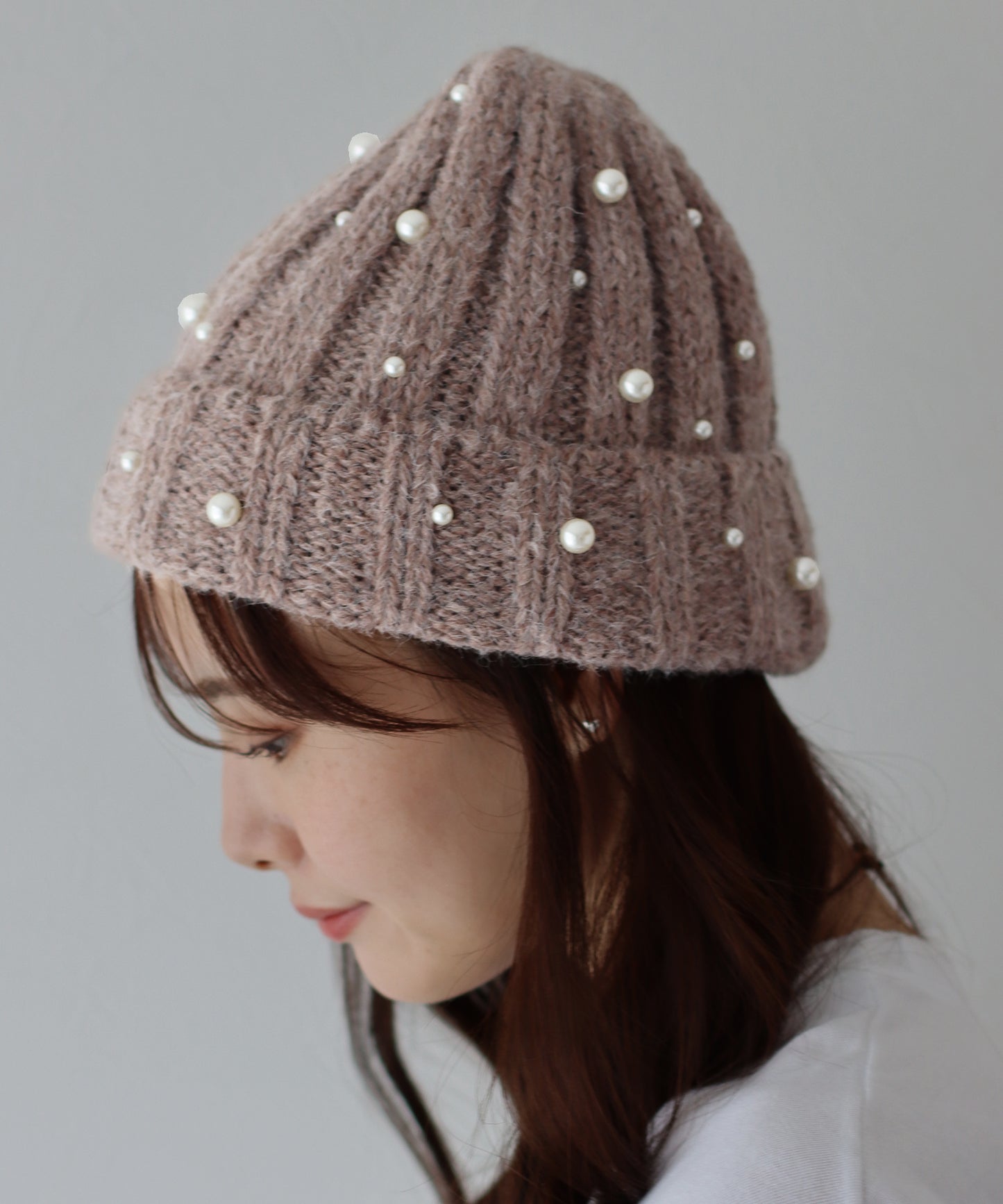 【SALE】パール付きリブニット帽