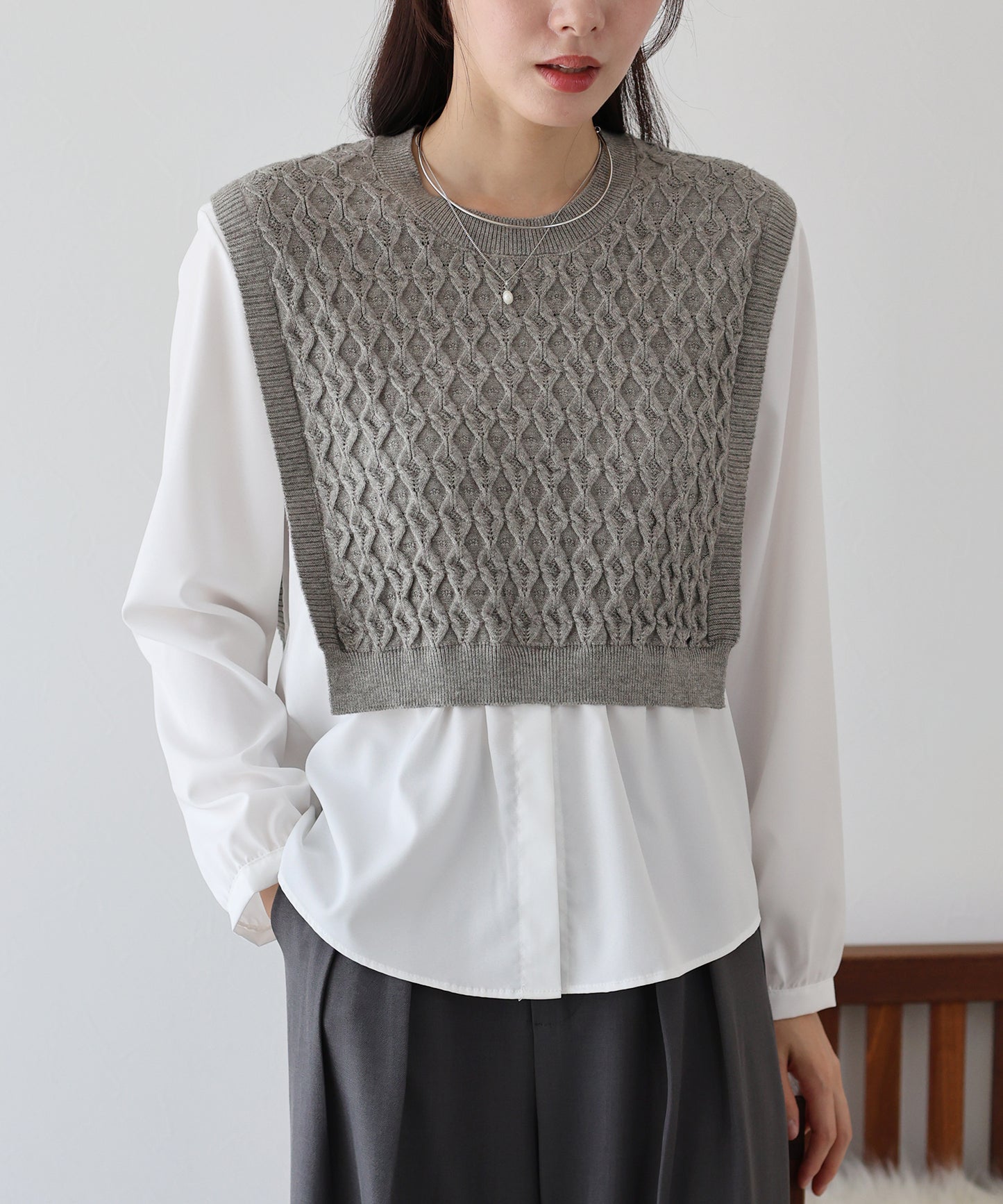 【SALE】ニットベストドッキングブラウス