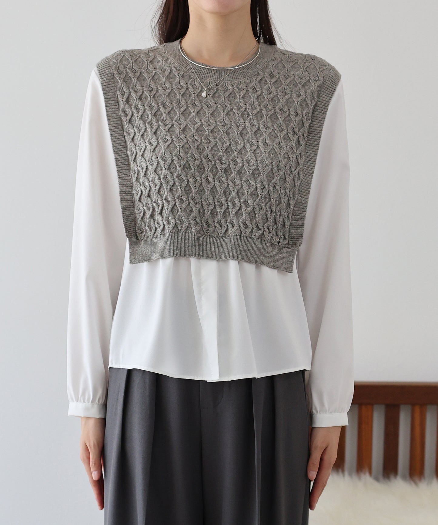 【SALE】ニットベストドッキングブラウス