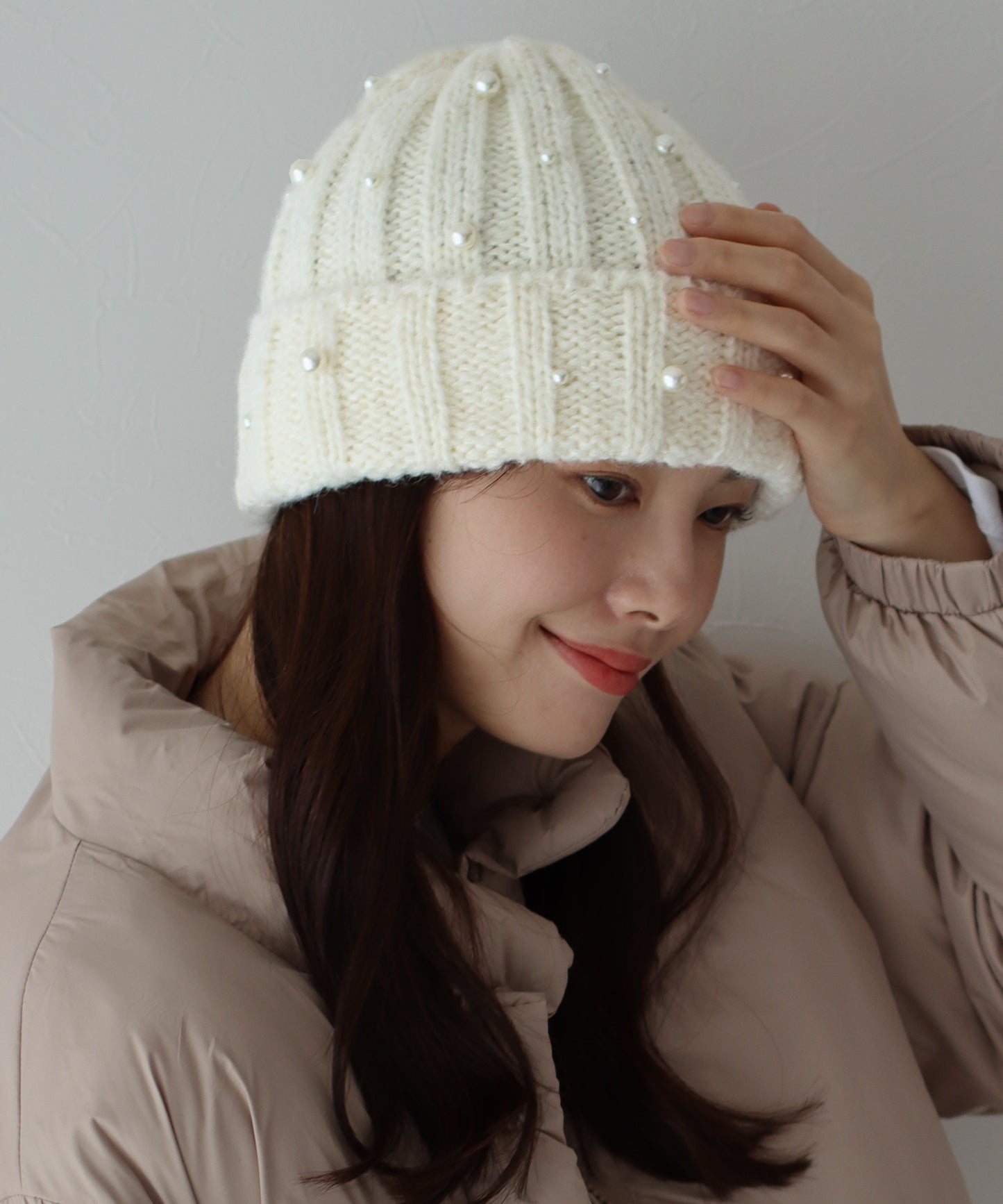 【SALE】パール付きリブニット帽