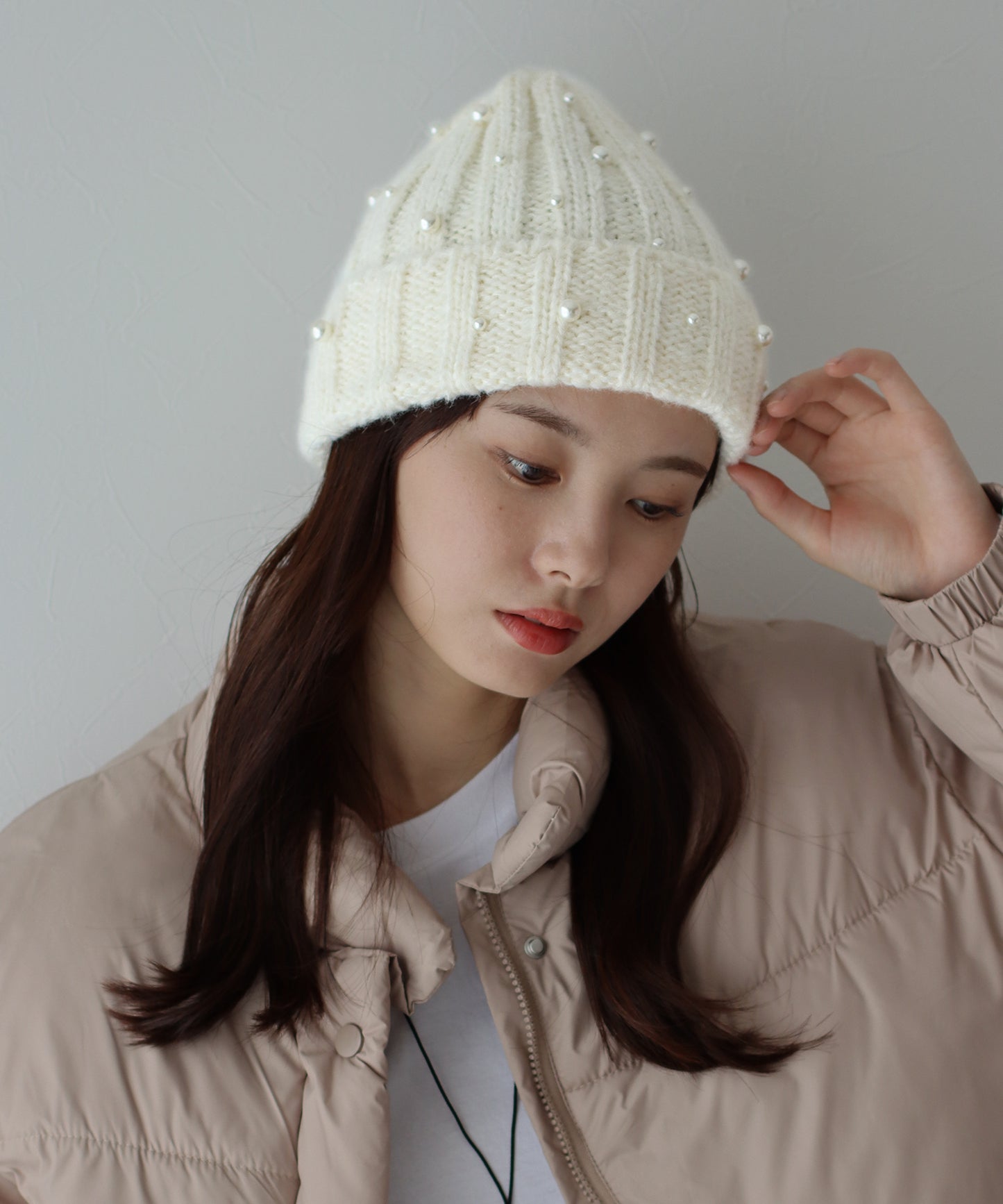 【SALE】パール付きリブニット帽