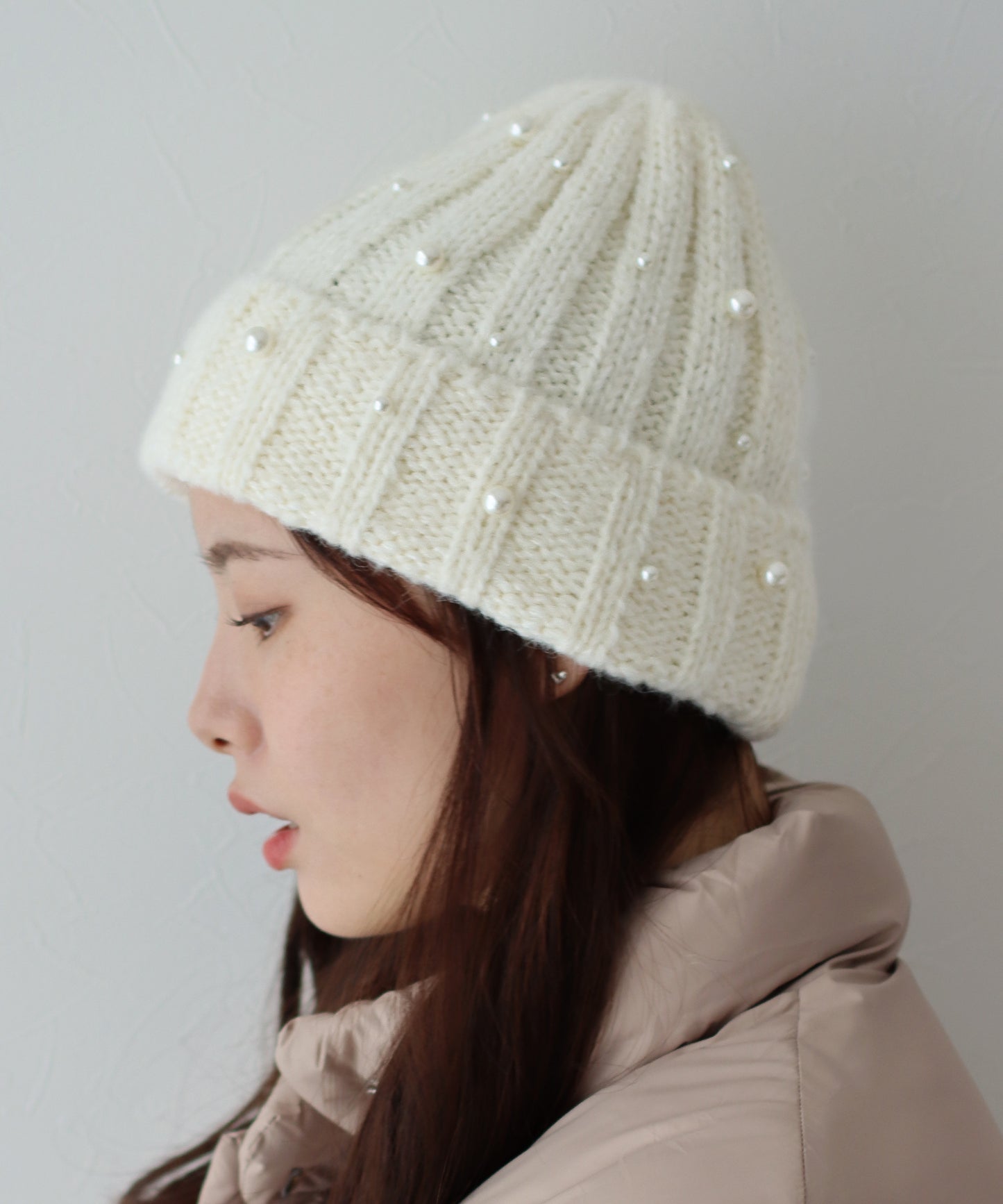 【SALE】パール付きリブニット帽