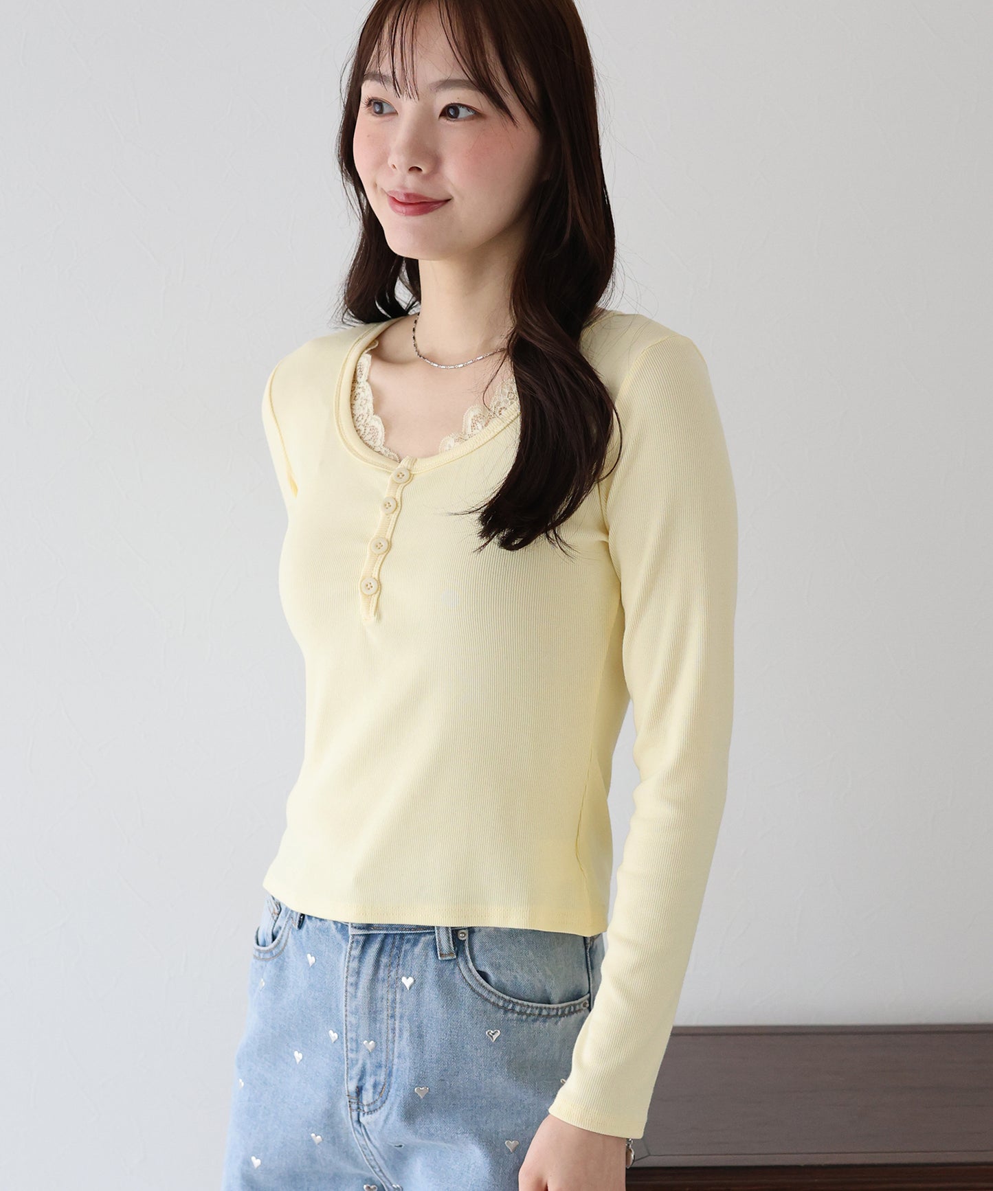 レース付ヘンリーネックカットソー【ネコポス】