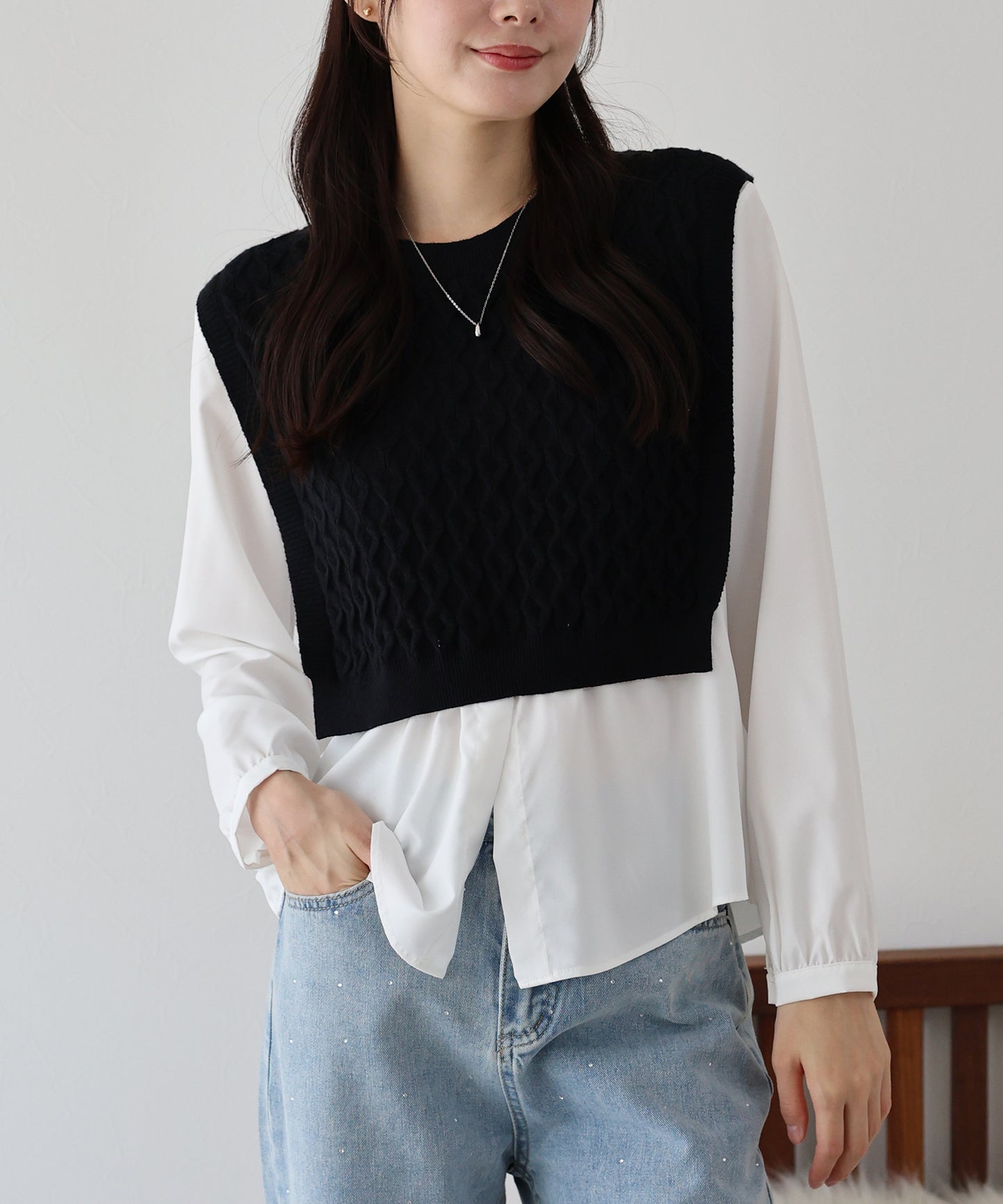 【SALE】ニットベストドッキングブラウス