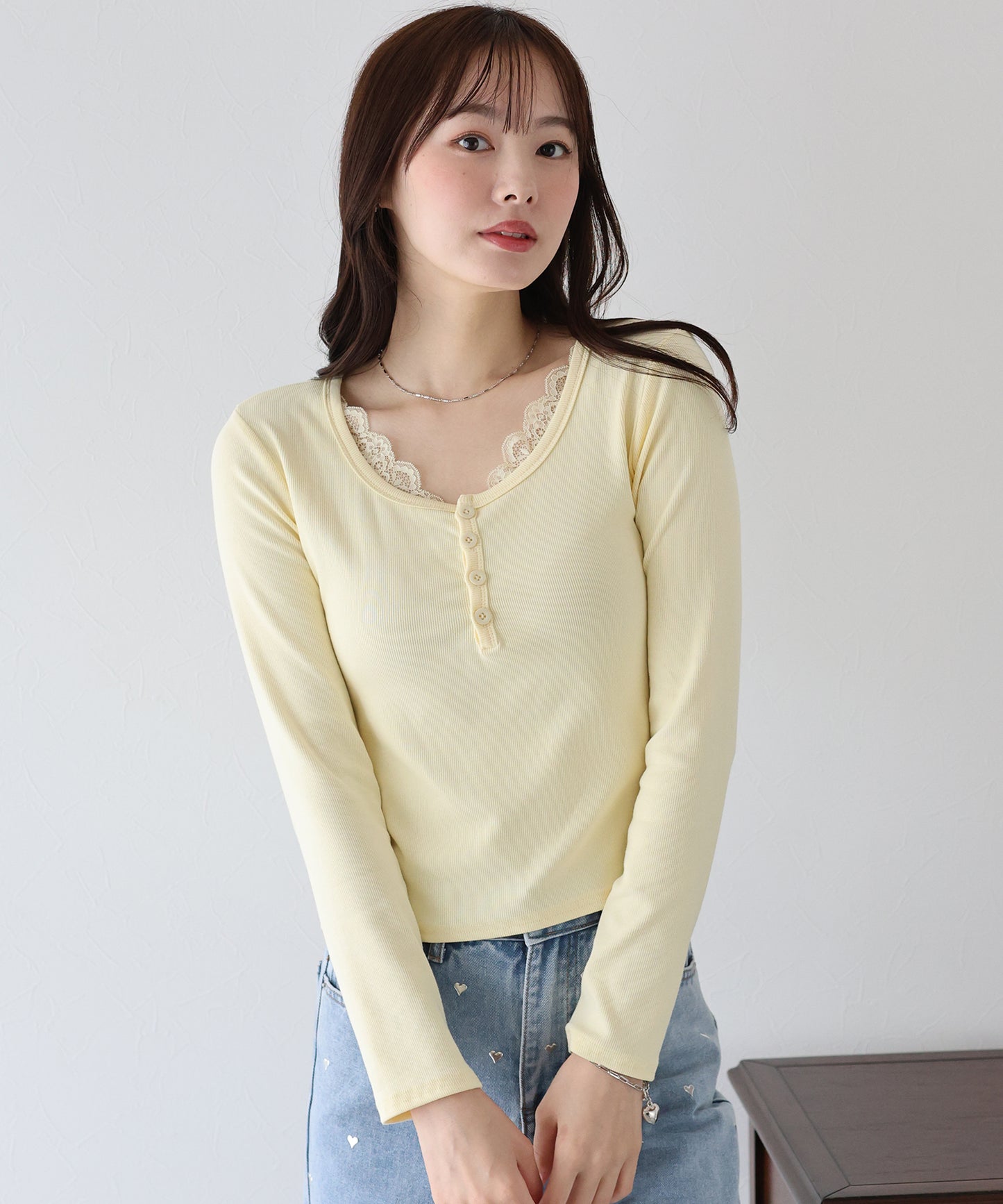 レース付ヘンリーネックカットソー【ネコポス】