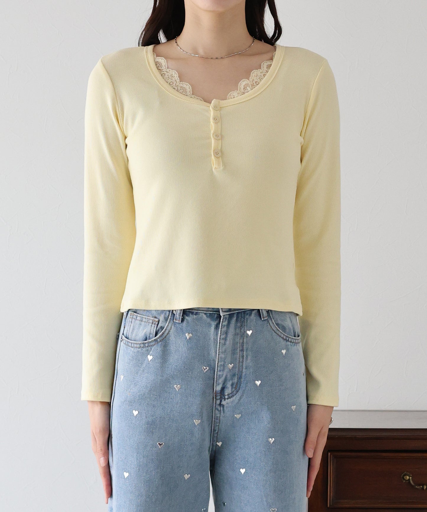 レース付ヘンリーネックカットソー【ネコポス】