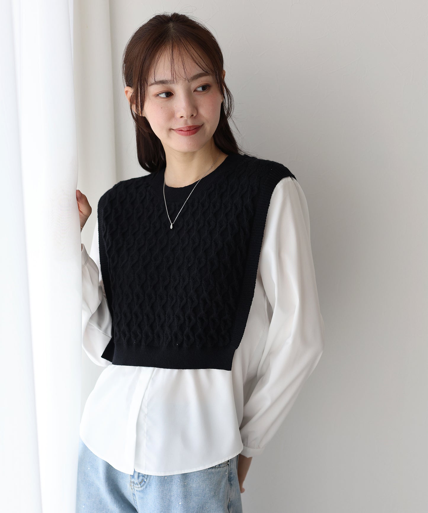 【SALE】ニットベストドッキングブラウス