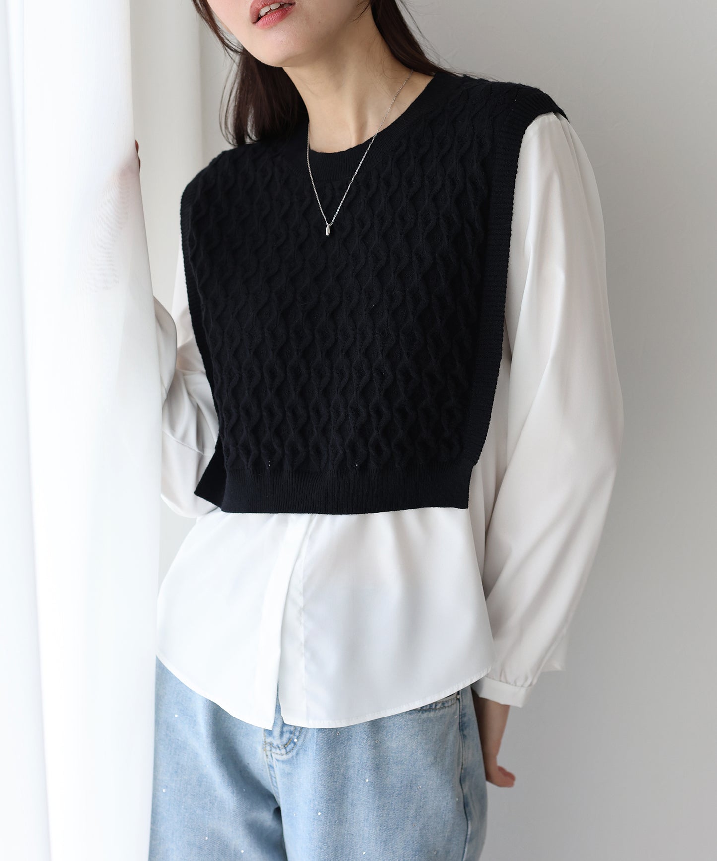 【SALE】ニットベストドッキングブラウス