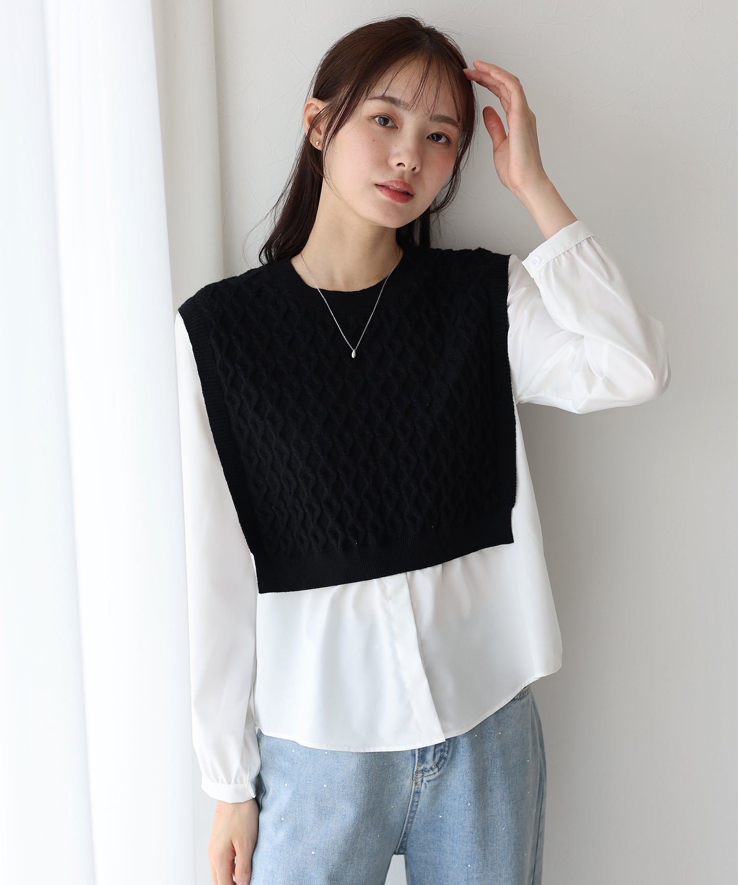 【SALE】ニットベストドッキングブラウス