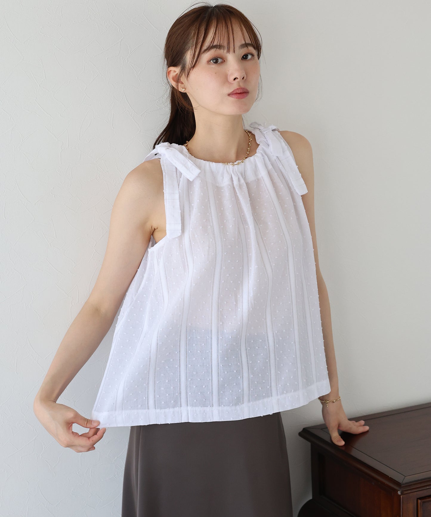 【SALE】ドットジャガードリボンブラウス
