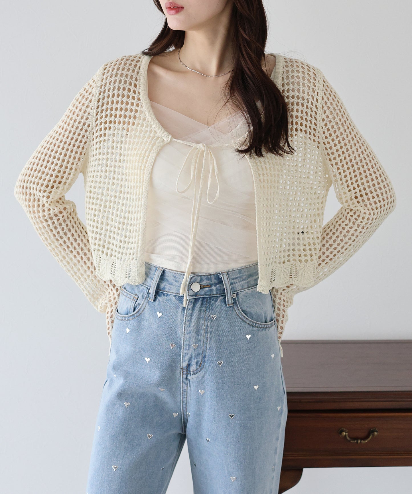 【SALE】リボンメッシュニットカーディガン