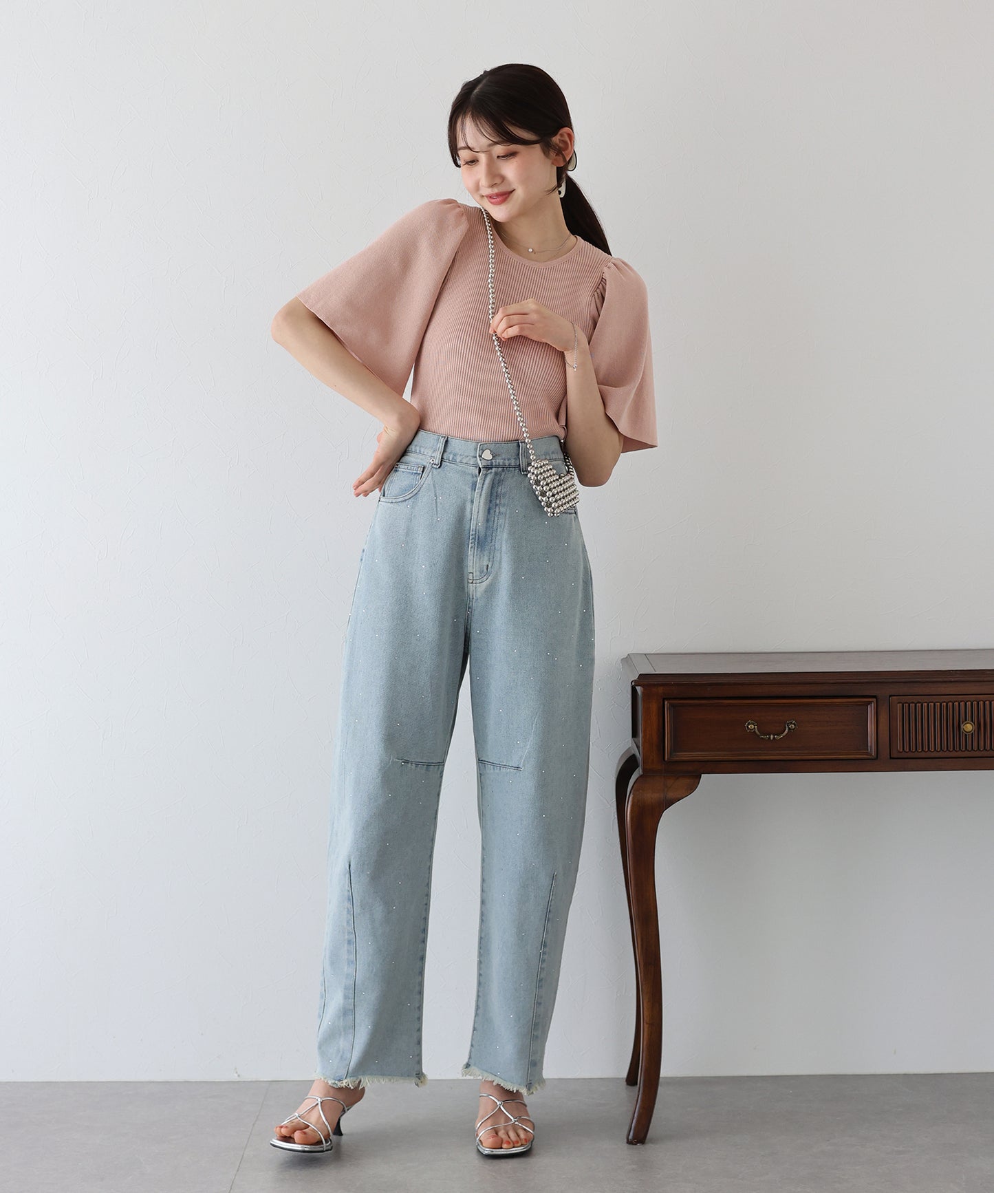 【新商品限定5%OFF(月)】フレアスリーブ半袖リブニット