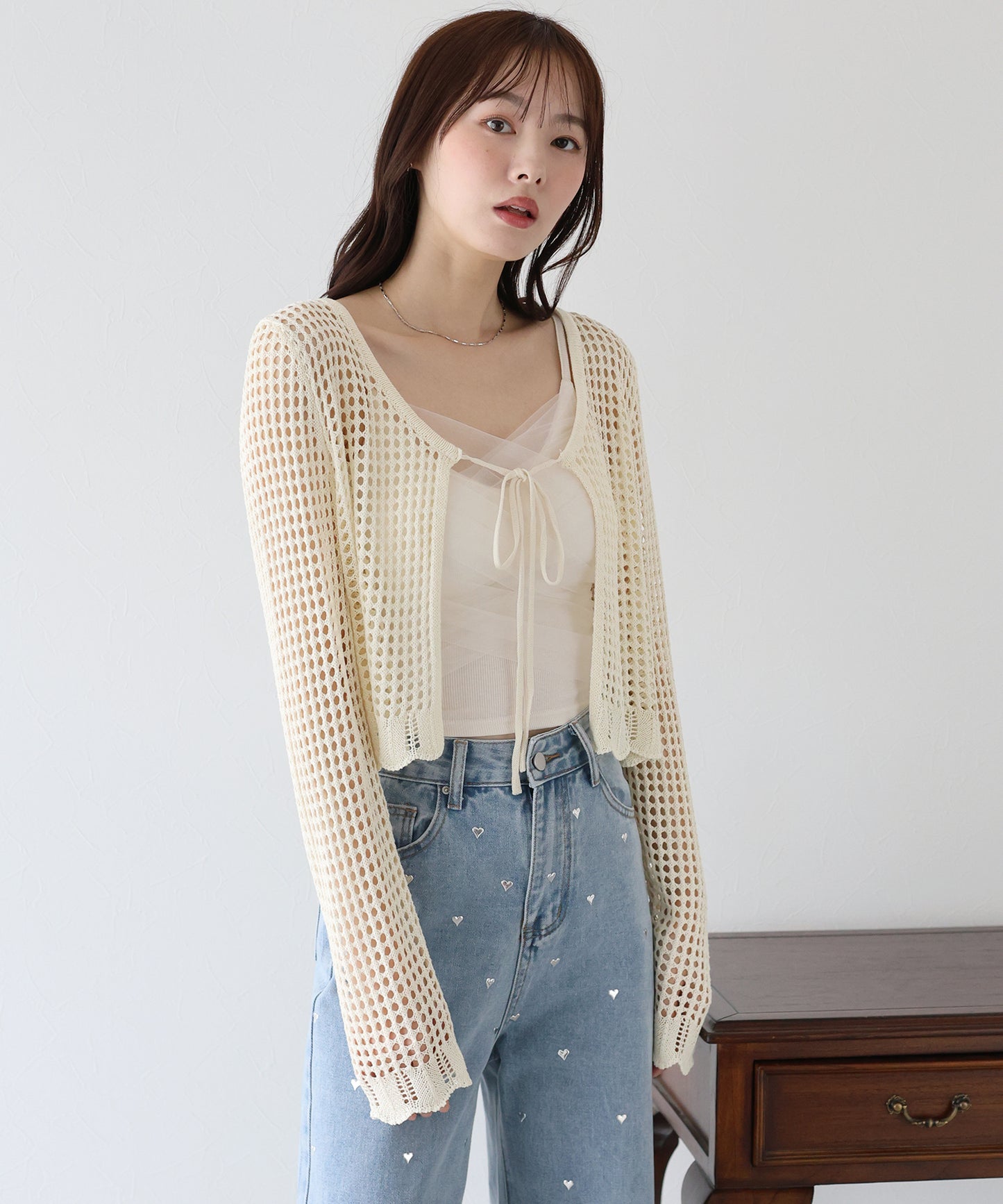 【SALE】リボンメッシュニットカーディガン