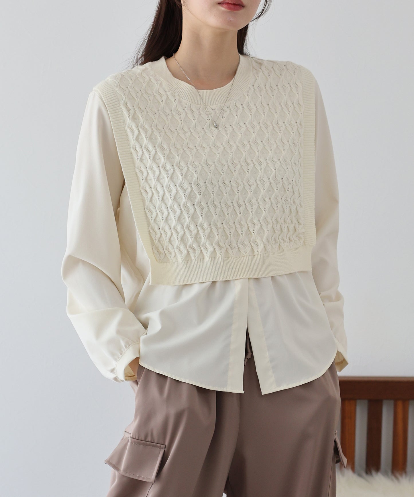 【SALE】ニットベストドッキングブラウス