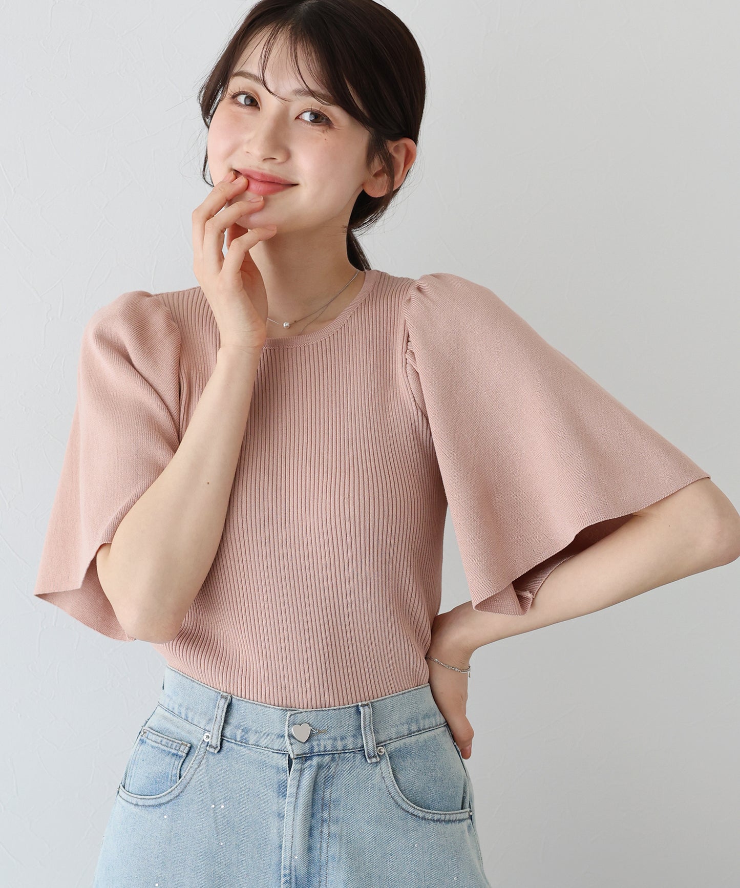 【新商品限定5%OFF(月)】フレアスリーブ半袖リブニット