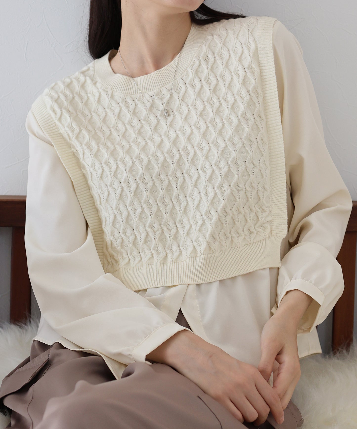 【SALE】ニットベストドッキングブラウス