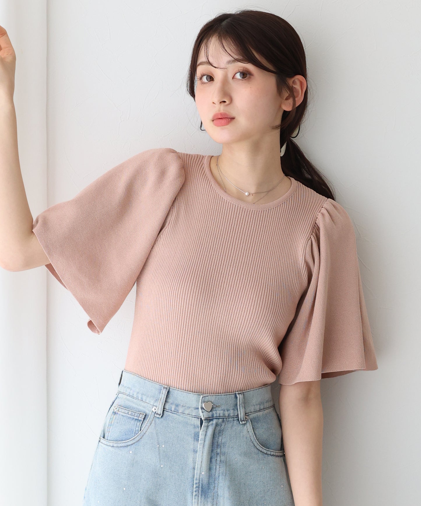 【新商品限定5%OFF(月)】フレアスリーブ半袖リブニット