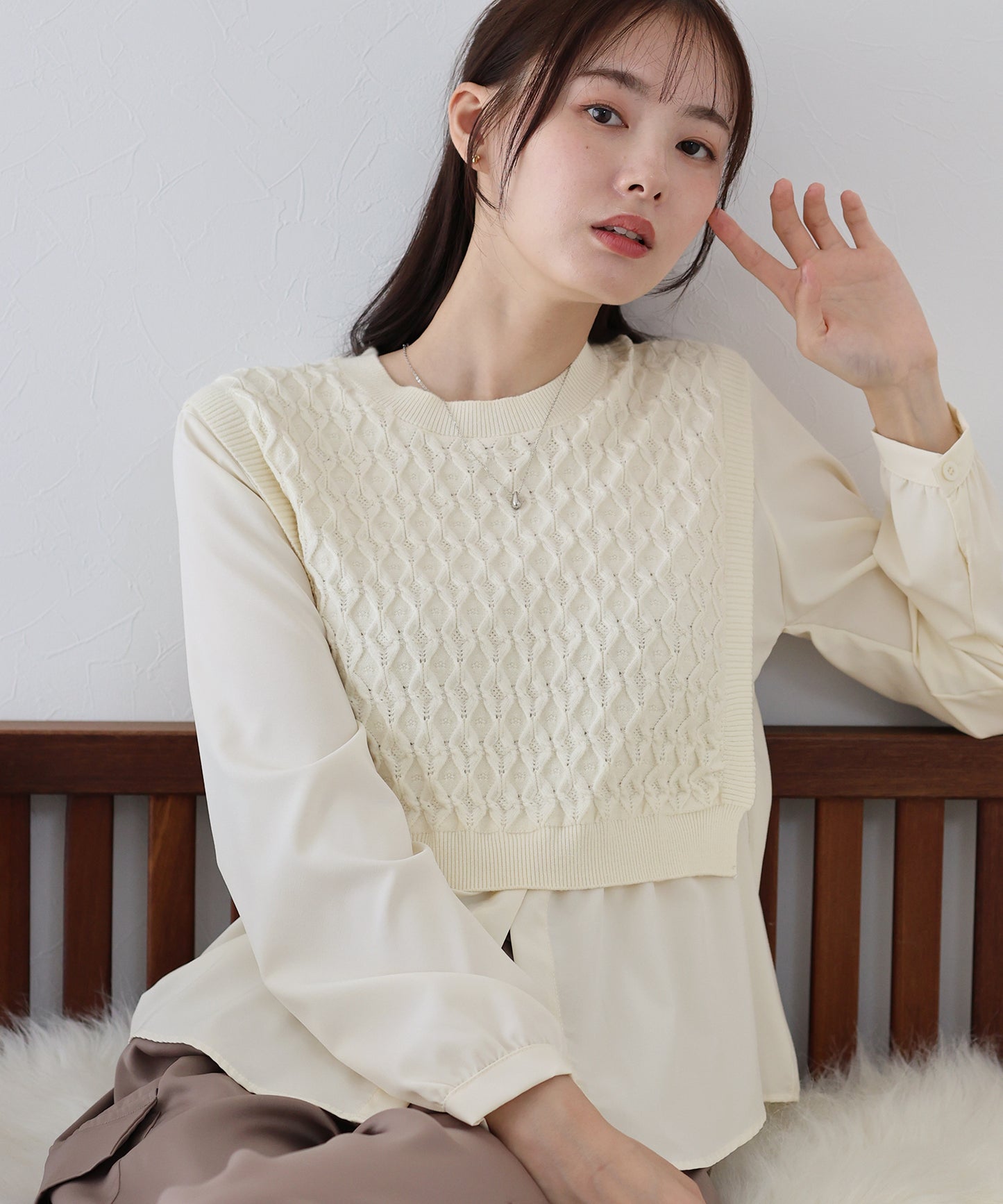 【SALE】ニットベストドッキングブラウス