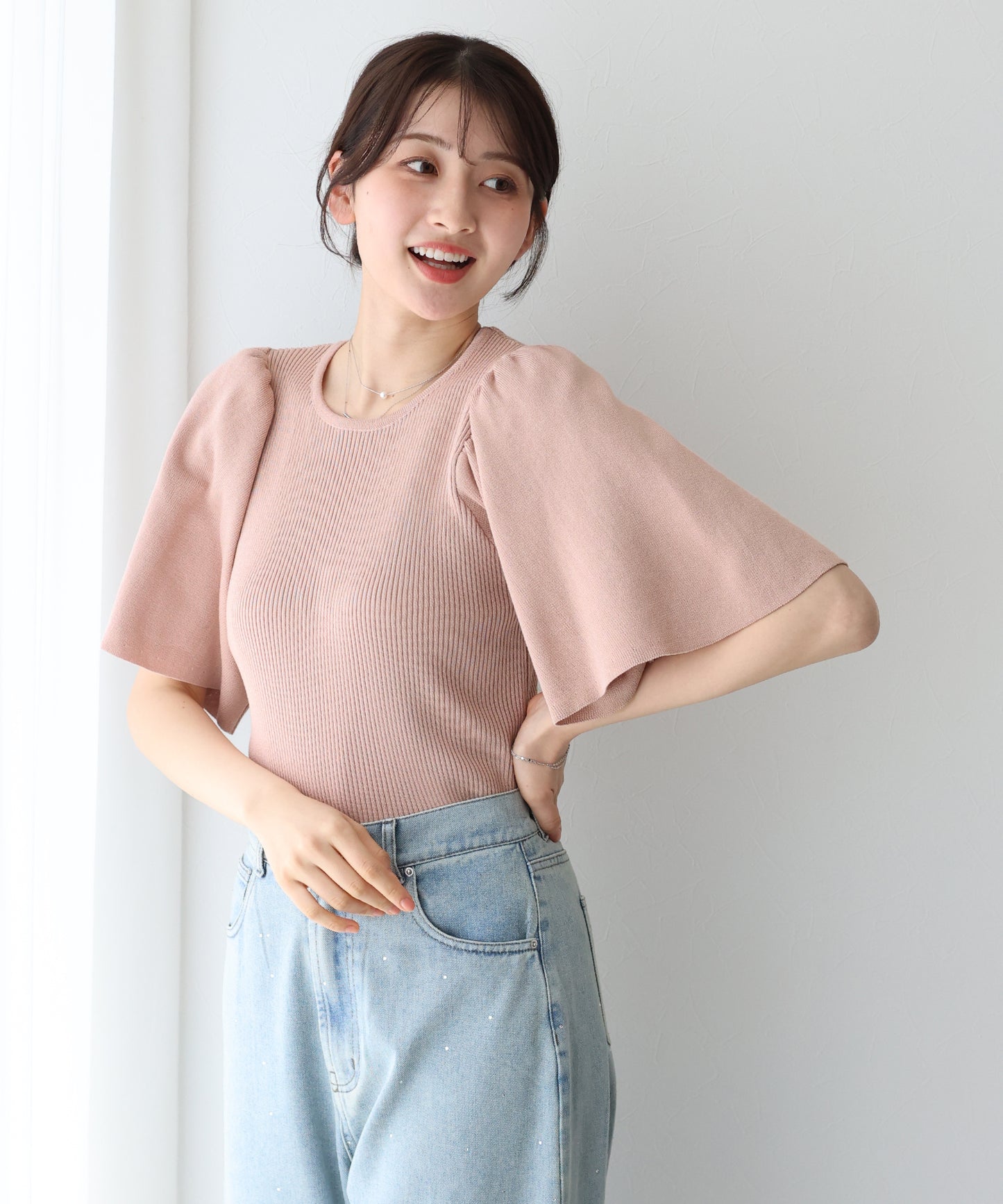 【新商品限定5%OFF(月)】フレアスリーブ半袖リブニット