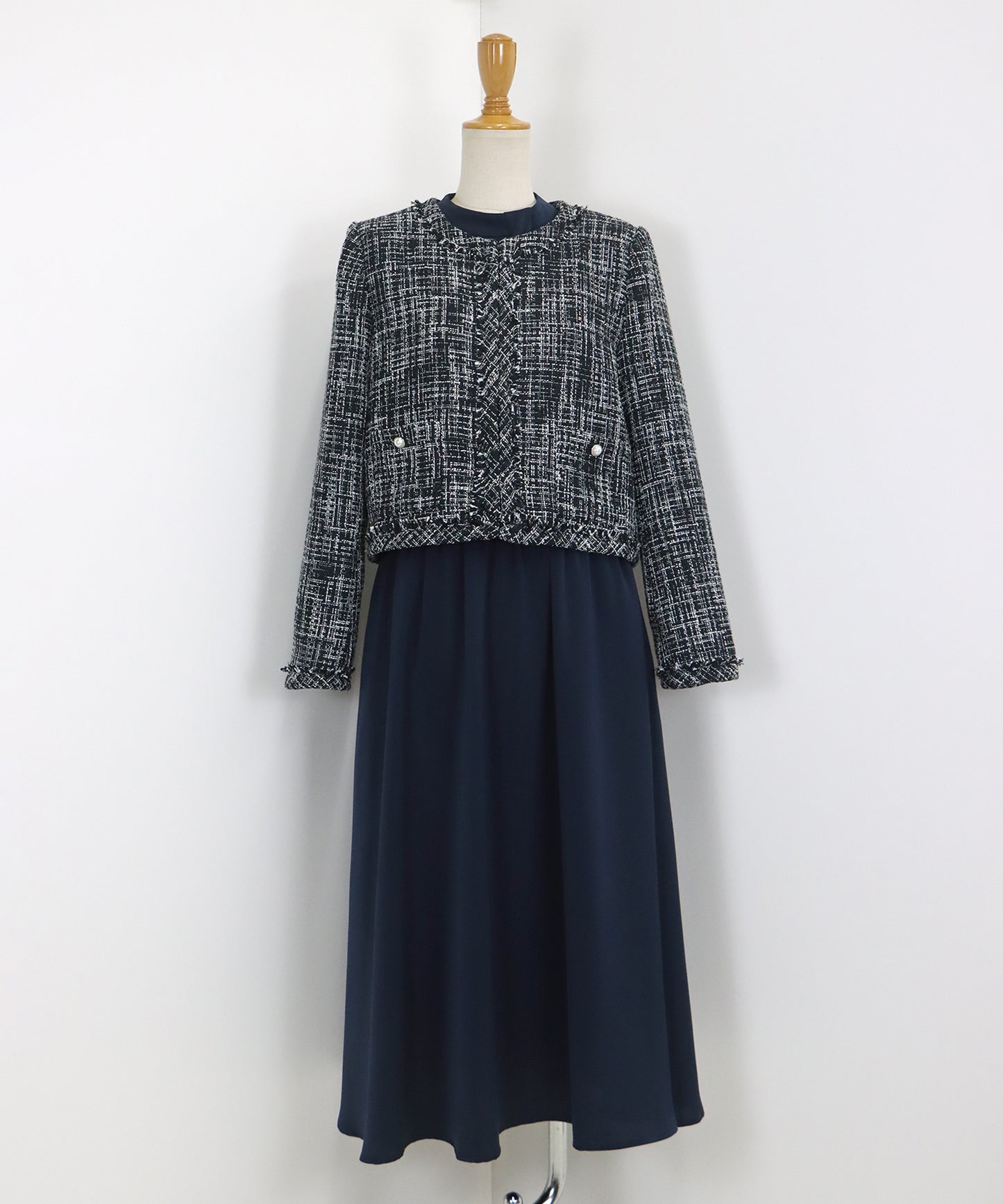 【SALE】ミックスツイードノーカラージャケットxスタンドカラータックワンピース