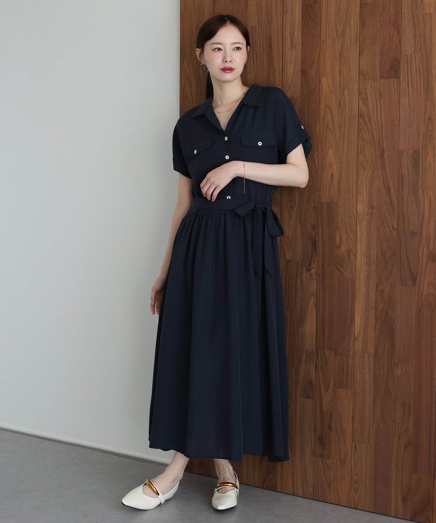 【早割5%OFF】スキッパーネックシャツワンピース