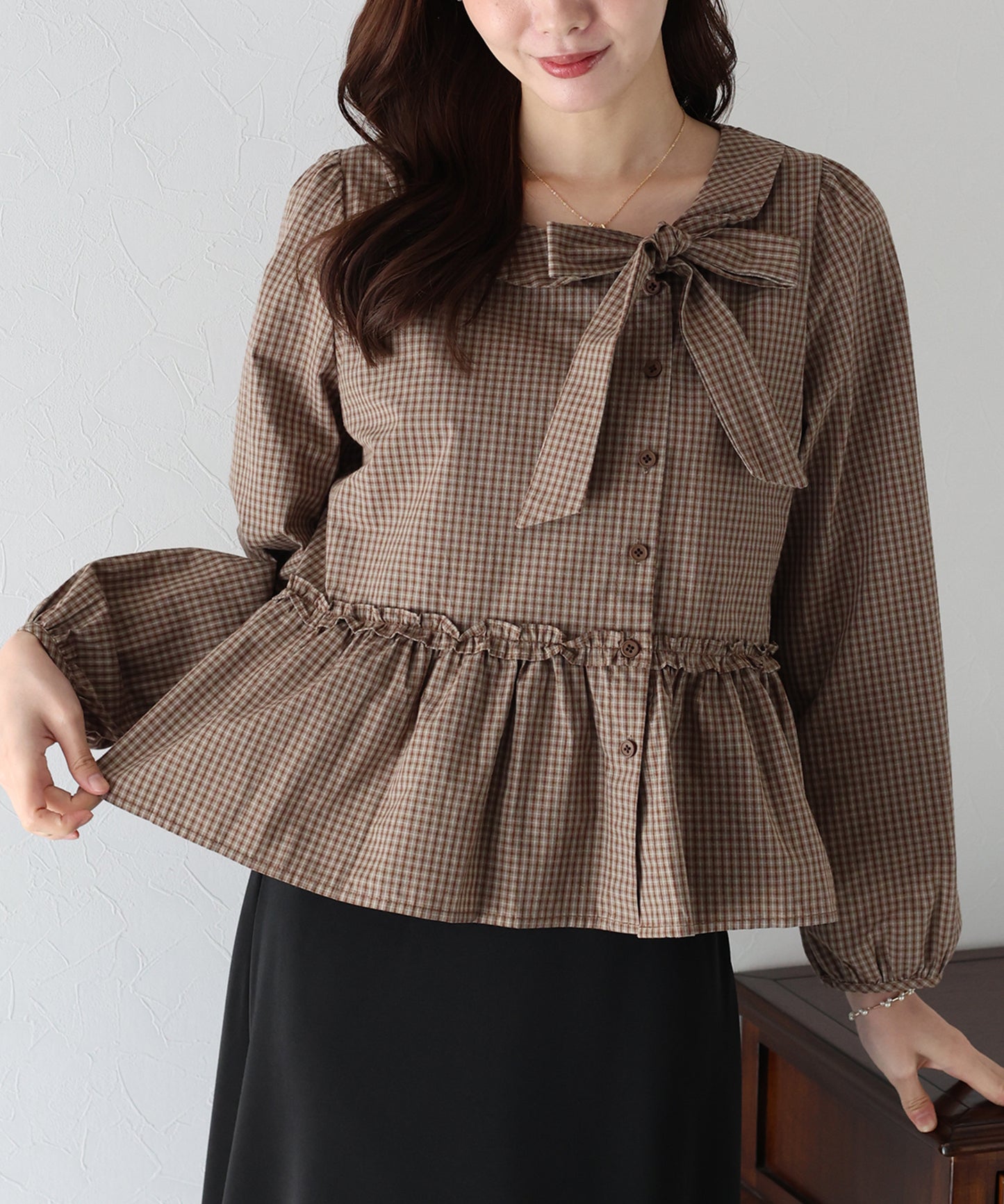 【早割5%OFF】チェックリボンペプラムブラウス【ネコポス】
