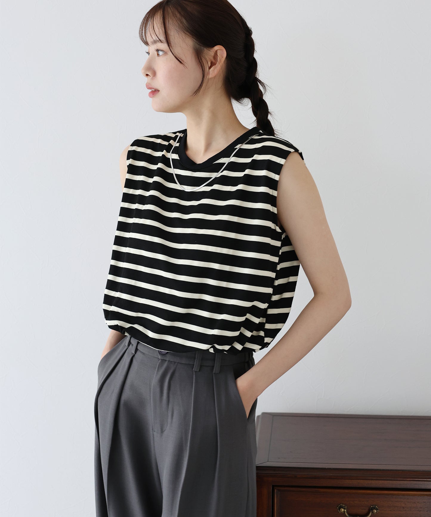 【SALE】チェーン付きボーダーノースリカットソー【ネコポス】