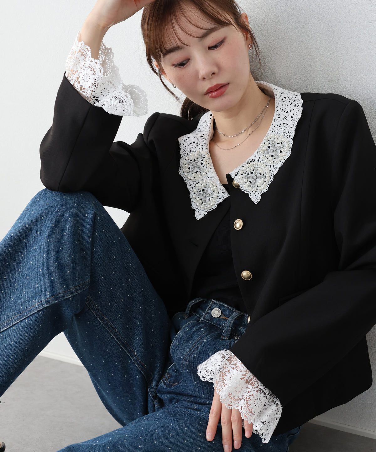 【早割5%OFF】《2サイズ展開/ 2WAY》ビジューレース付ノーカラージャケット
