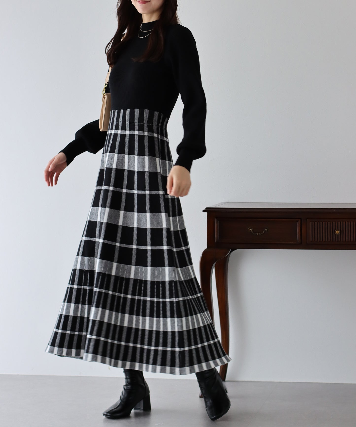 【TIME SALE】選べる2丈・チェックジャガードニットワンピース