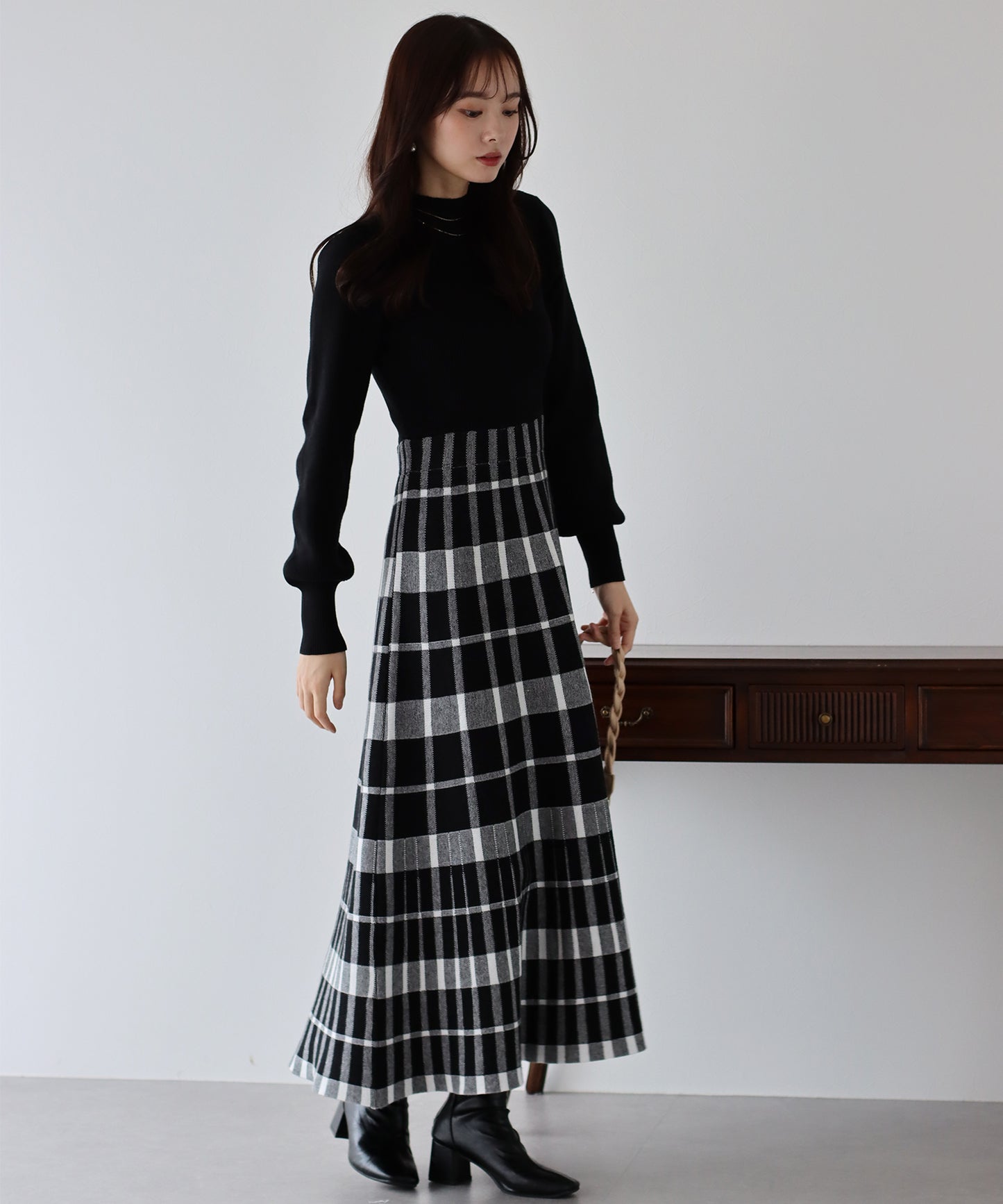 【TIME SALE】チェックジャガードニットワンピース