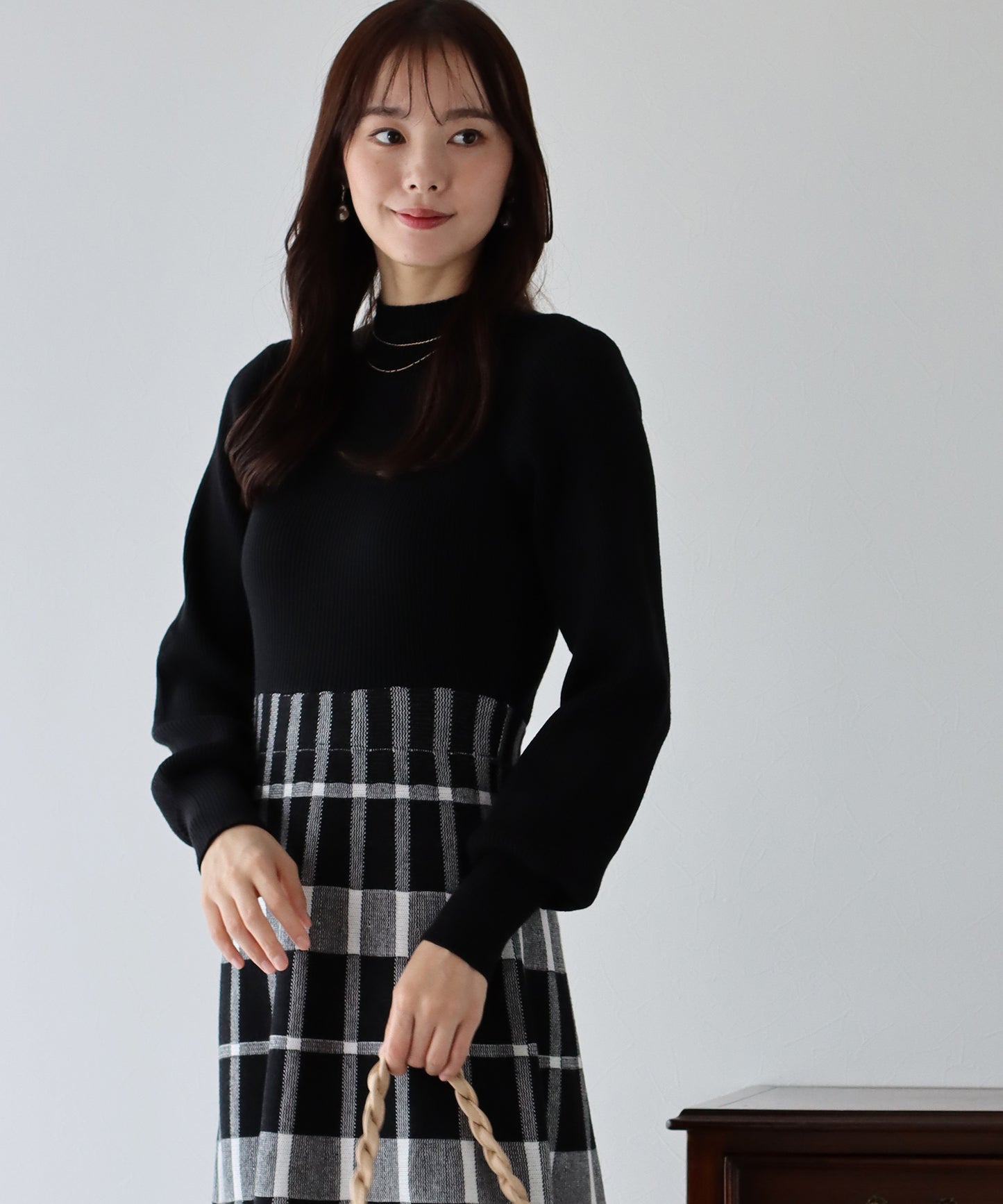【TIME SALE】選べる2丈・チェックジャガードニットワンピース