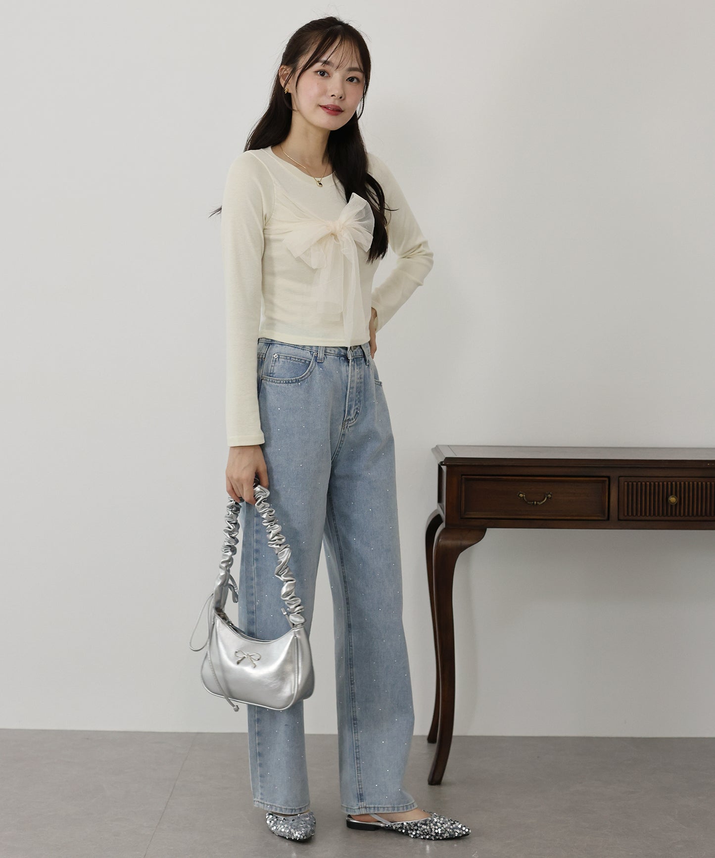 【SALE】チュールビッグリボン長袖Tシャツ