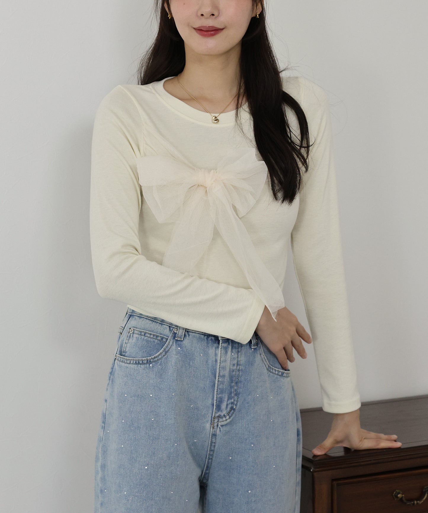 【SALE】チュールビッグリボン長袖Tシャツ