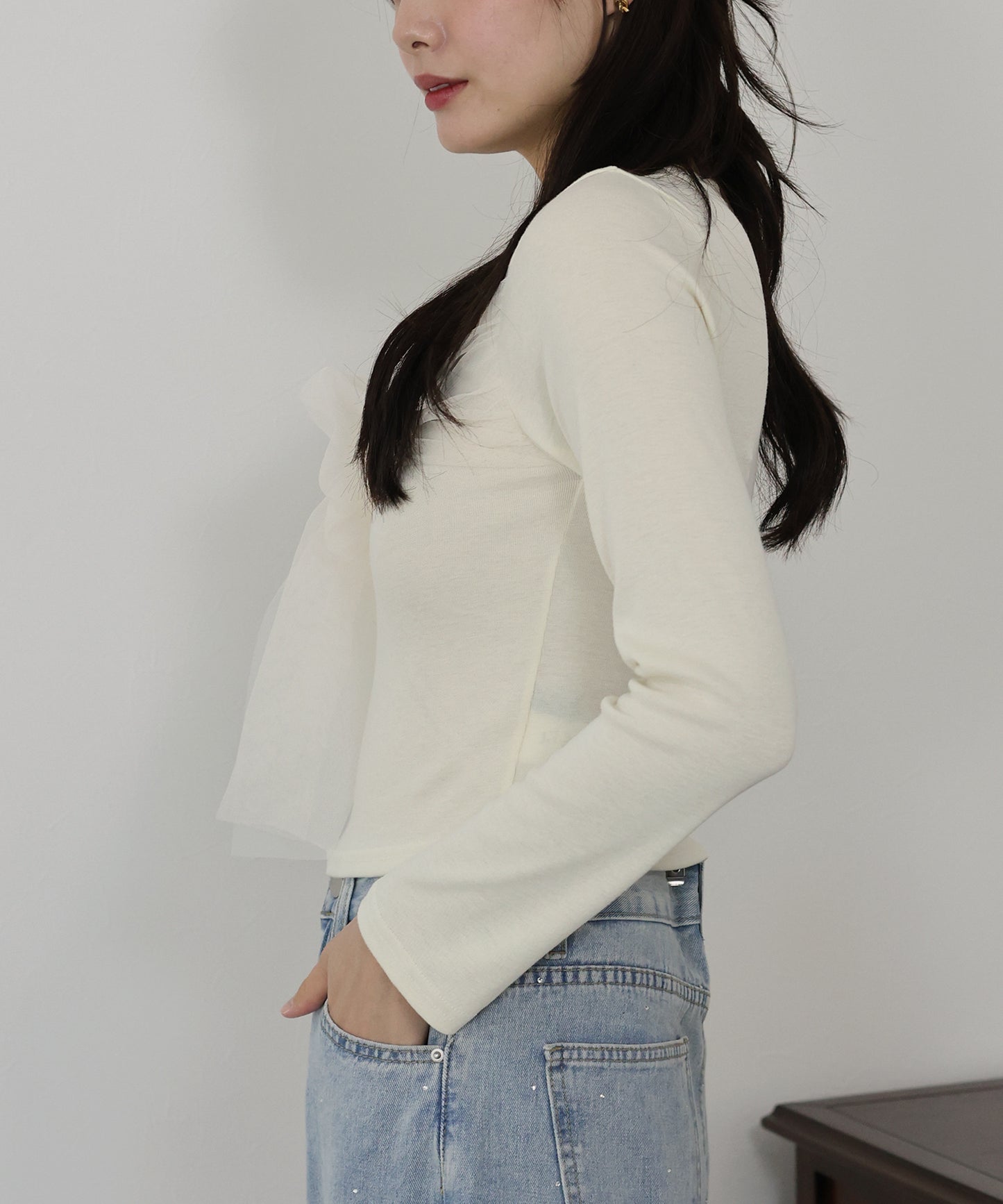 【SALE】チュールビッグリボン長袖Tシャツ