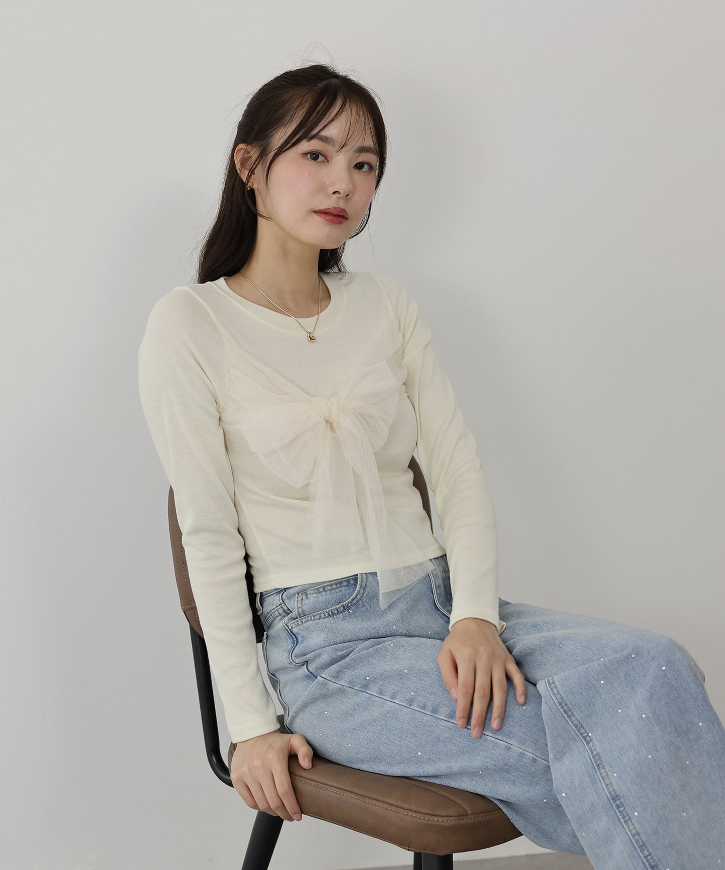 【SALE】チュールビッグリボン長袖Tシャツ